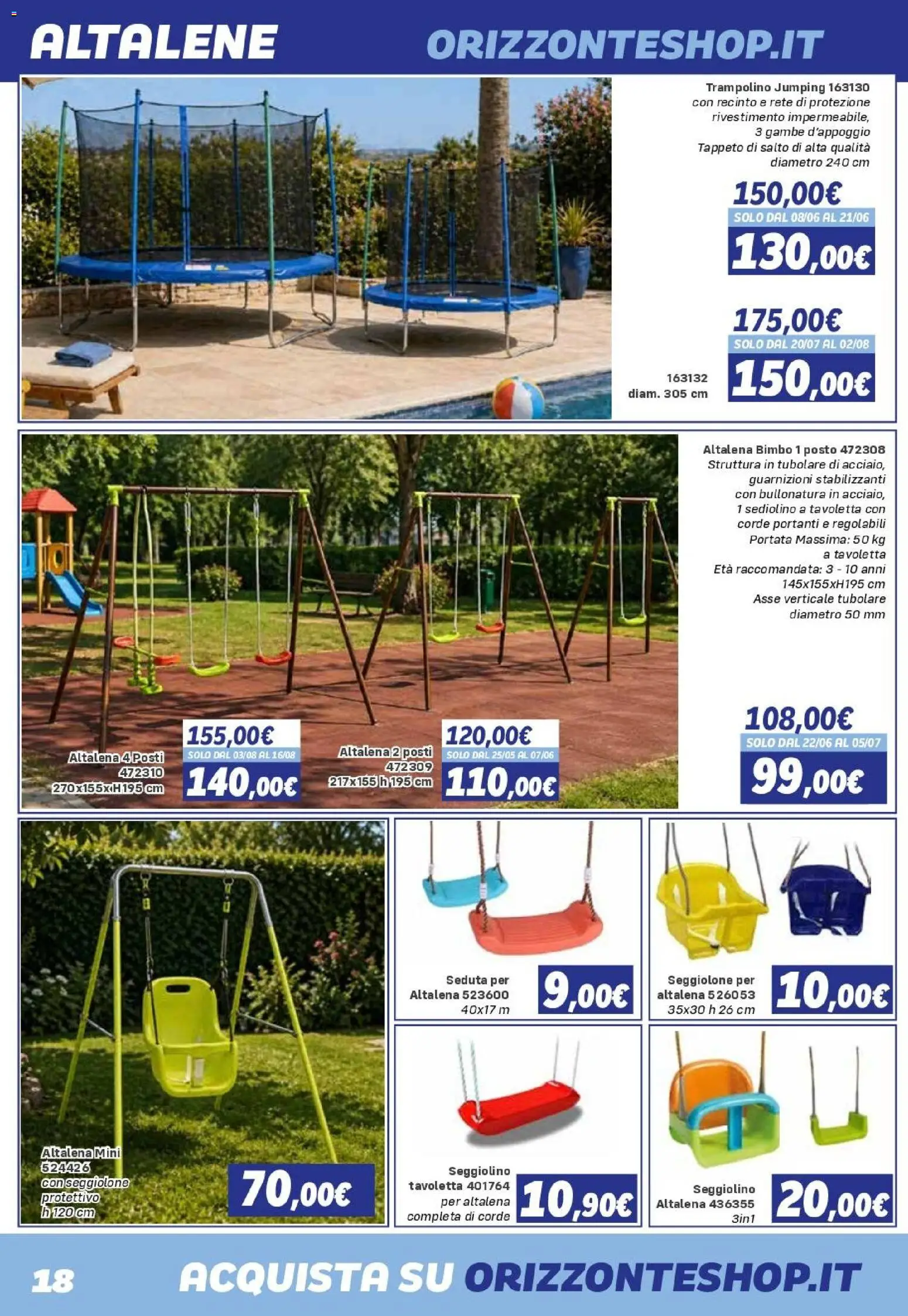 Volantino Orizzonte del 08/05/2026 | Pagina: 18 | Prodotti: Altalena, Trampolino, Tavoletta, Tappeto