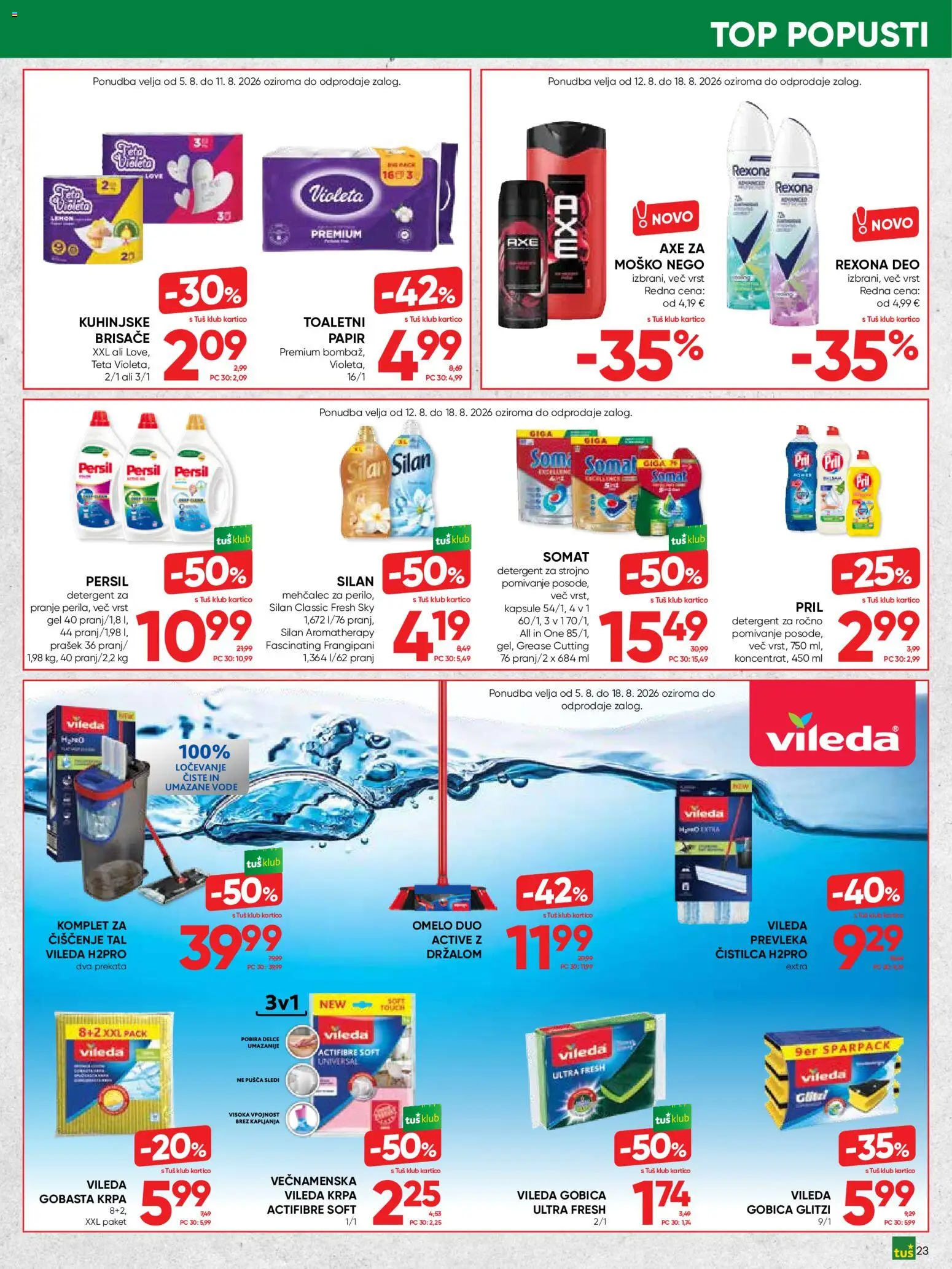 Novi Tuš katalog ponudbe – veljaven od 05.08.2026 | Stran: 23 | Izdelki: Prašek, Mehčalec, Prevleka, Gobica
