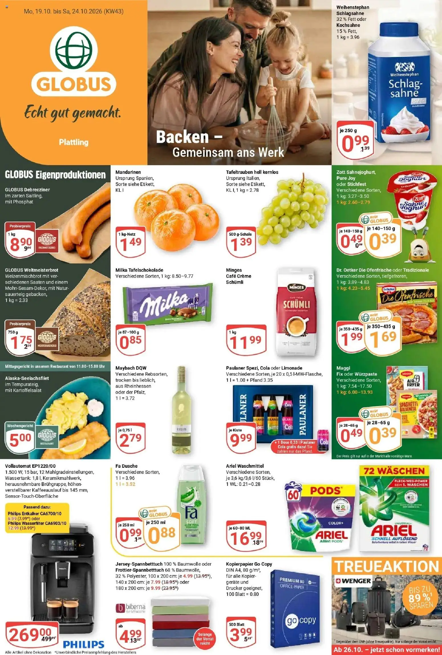 Globus Prospekt Plattling (ab 19.10.2026) » Angebote online | Seite: 1 | Produkte: Kochsahne, Schlagsahne, Spaghetti, Milka