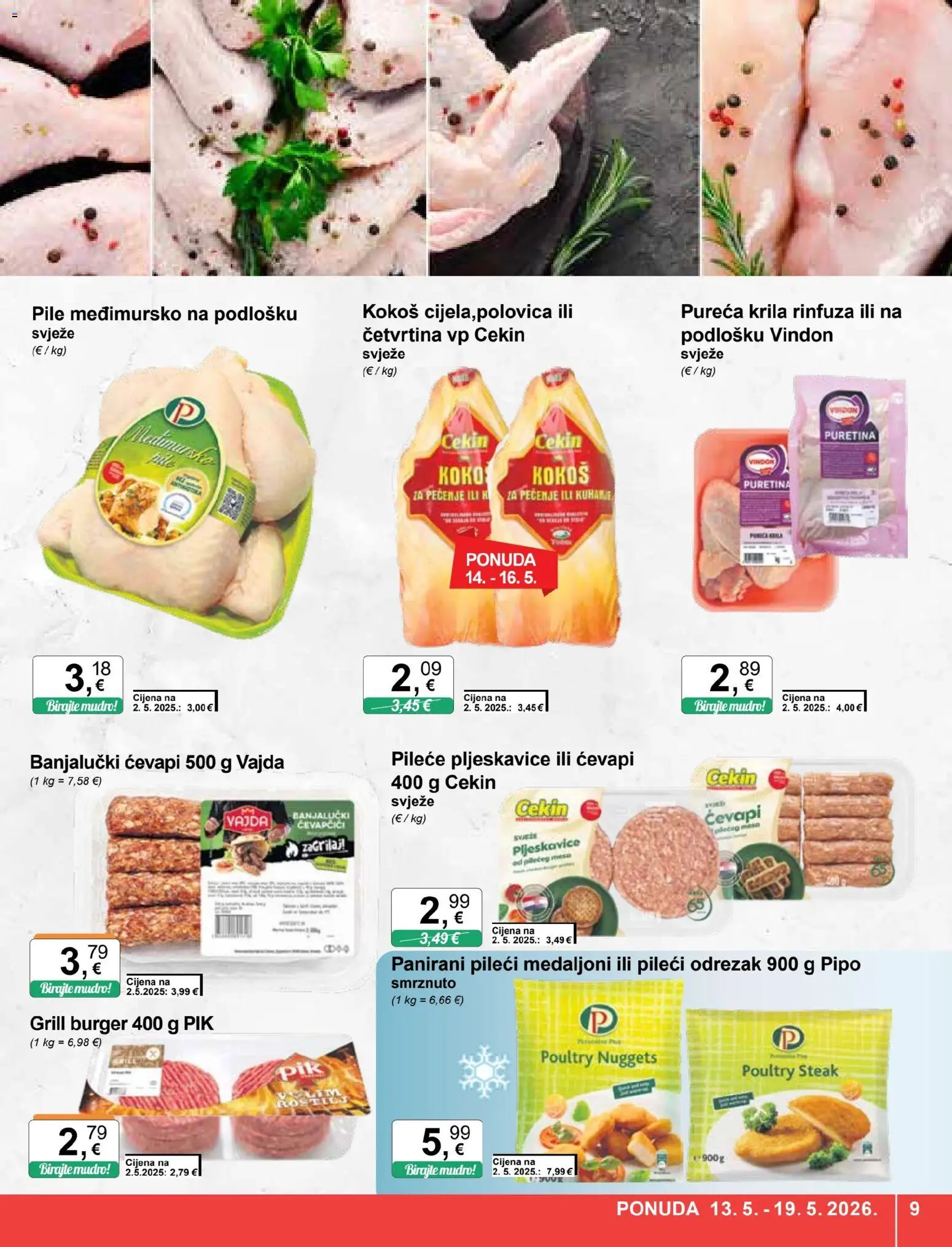 KTC katalog | vrijedi od 13.05.2026 | Stranica: 9 | Proizvodi: Puretina, Pileći medaljoni, Pljeskavice, Ćevapčići