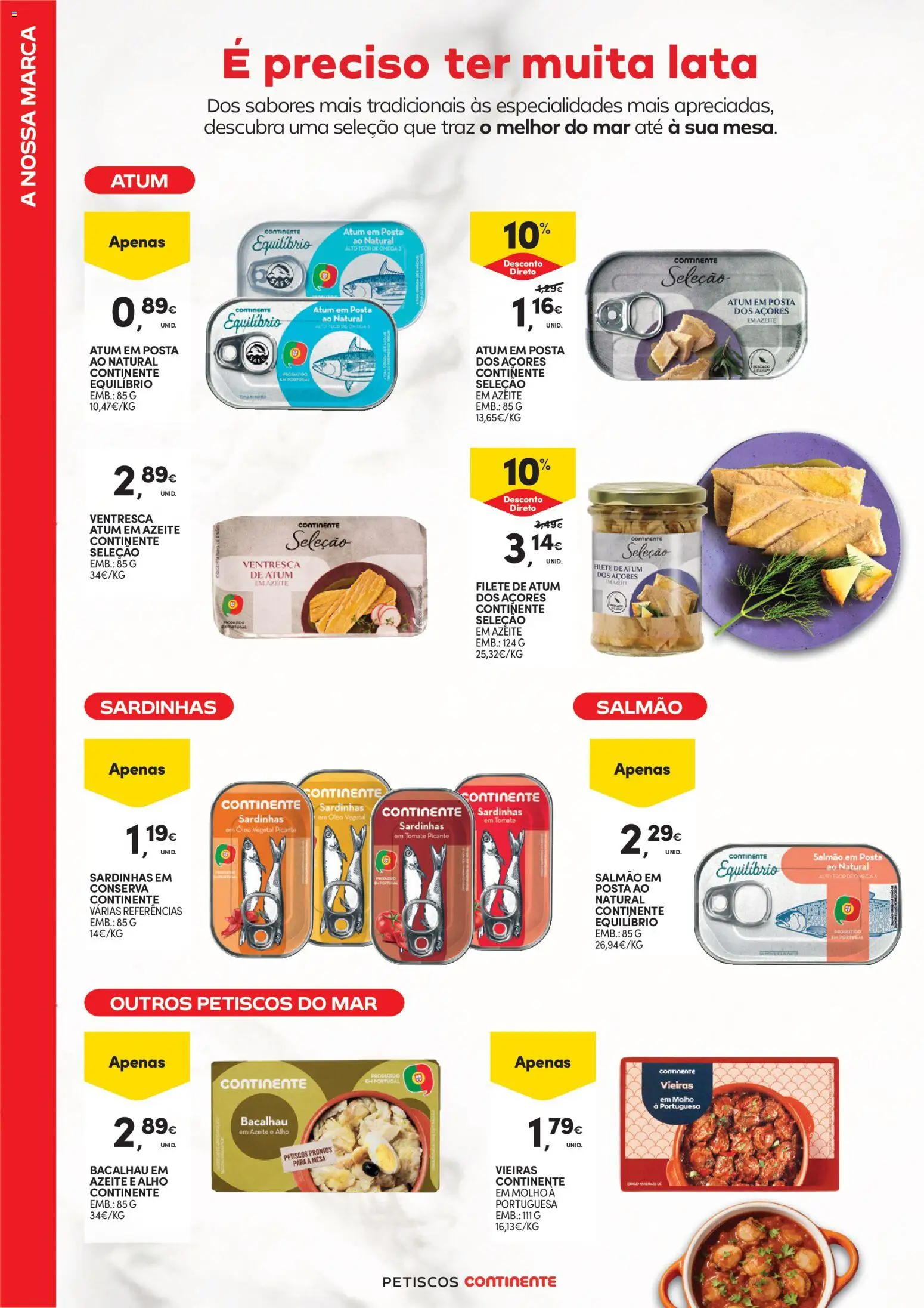 Continente Petiscos │ válido de 28/07/2026 | Página: 10 | Produtos: Atum, Ômega 3, Mesa, Óleo