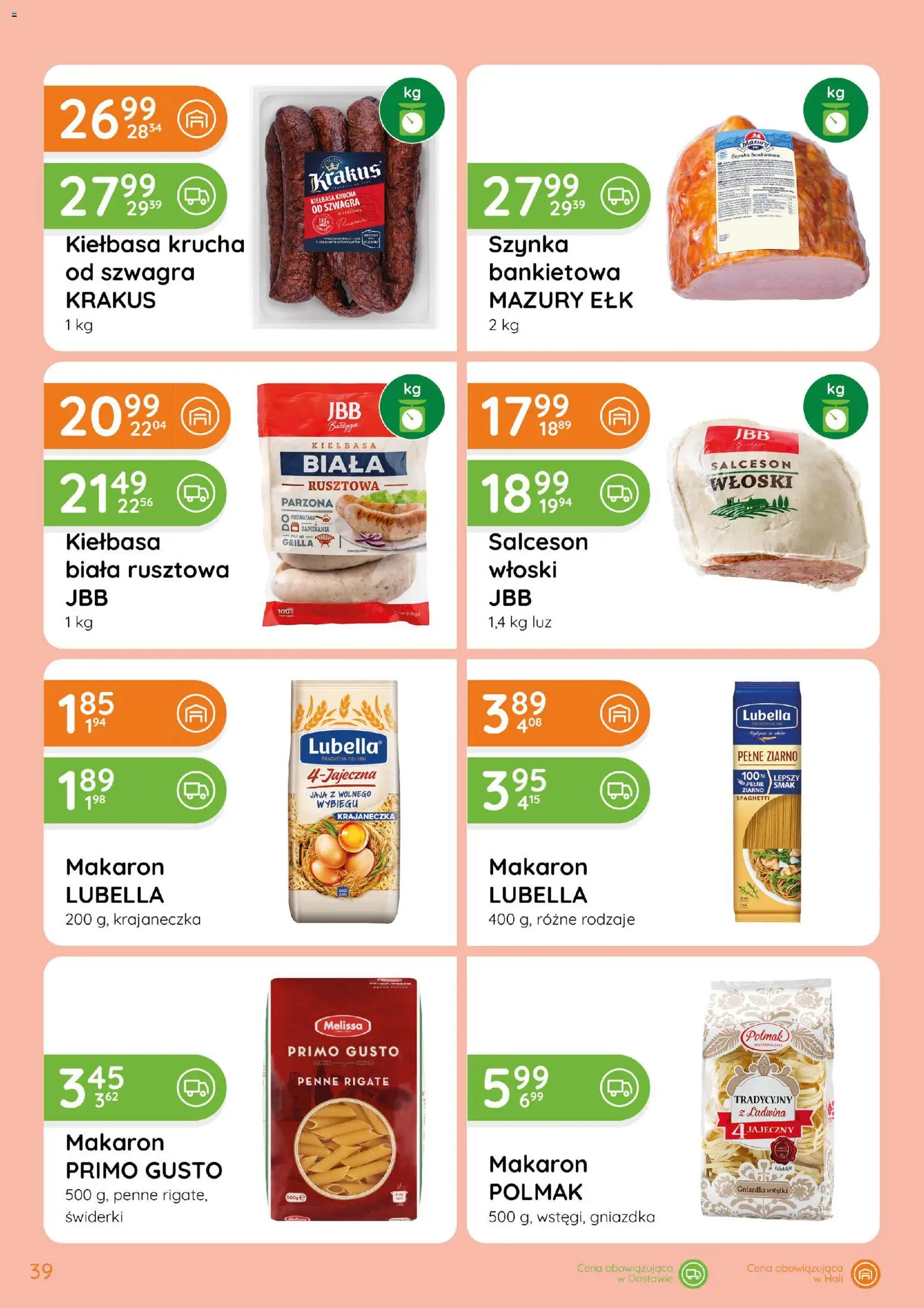 Eurocash gazetka od 15.10.2026 | Strona: 39 | Produkty: Kiełbasa, Spaghetti, Szynka, Jaja
