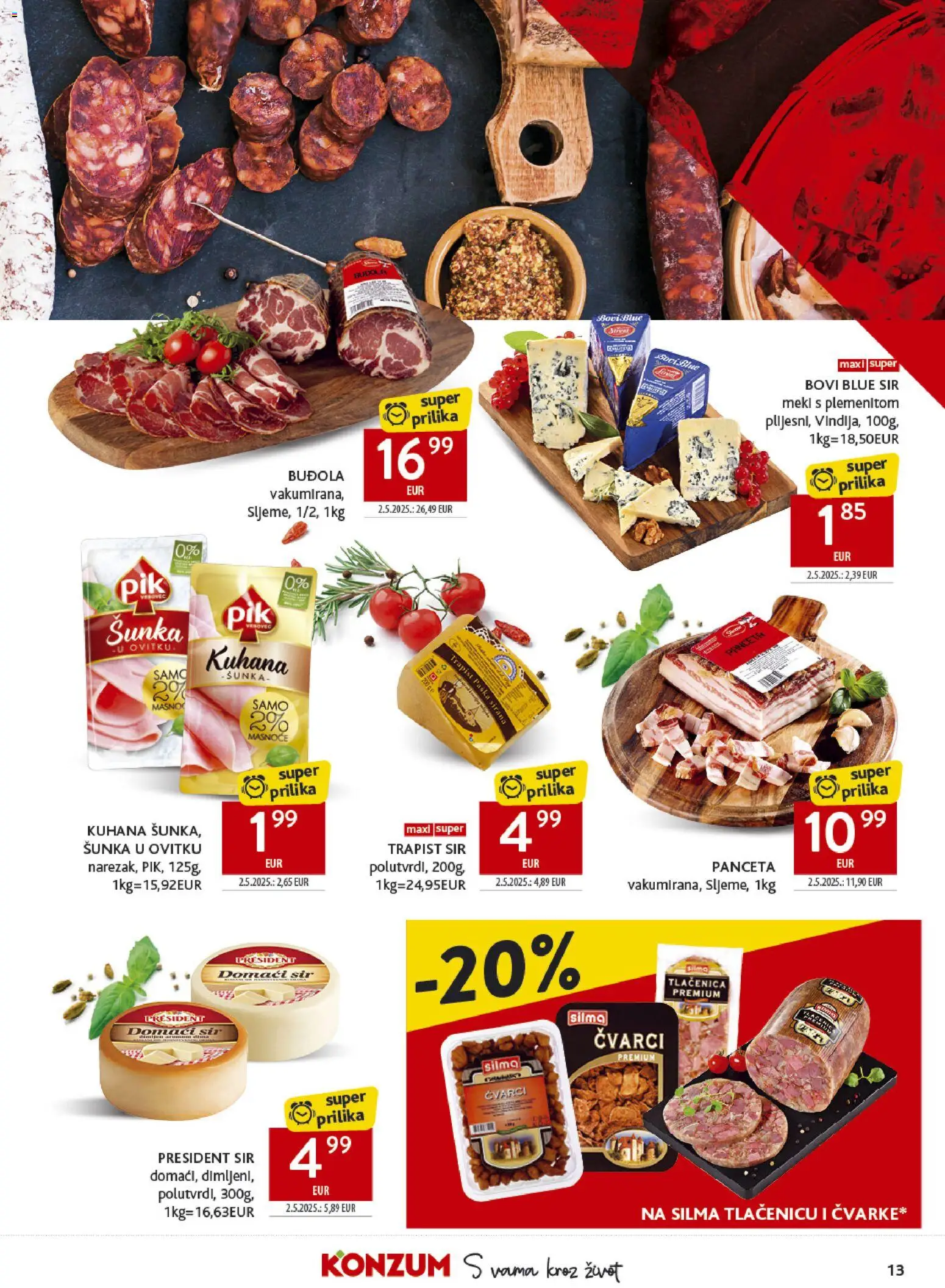 Konzum katalog | vrijedi od 13.05.2026 | Stranica: 13 | Proizvodi: Vindija, Čvarci, Šunka, Buđola