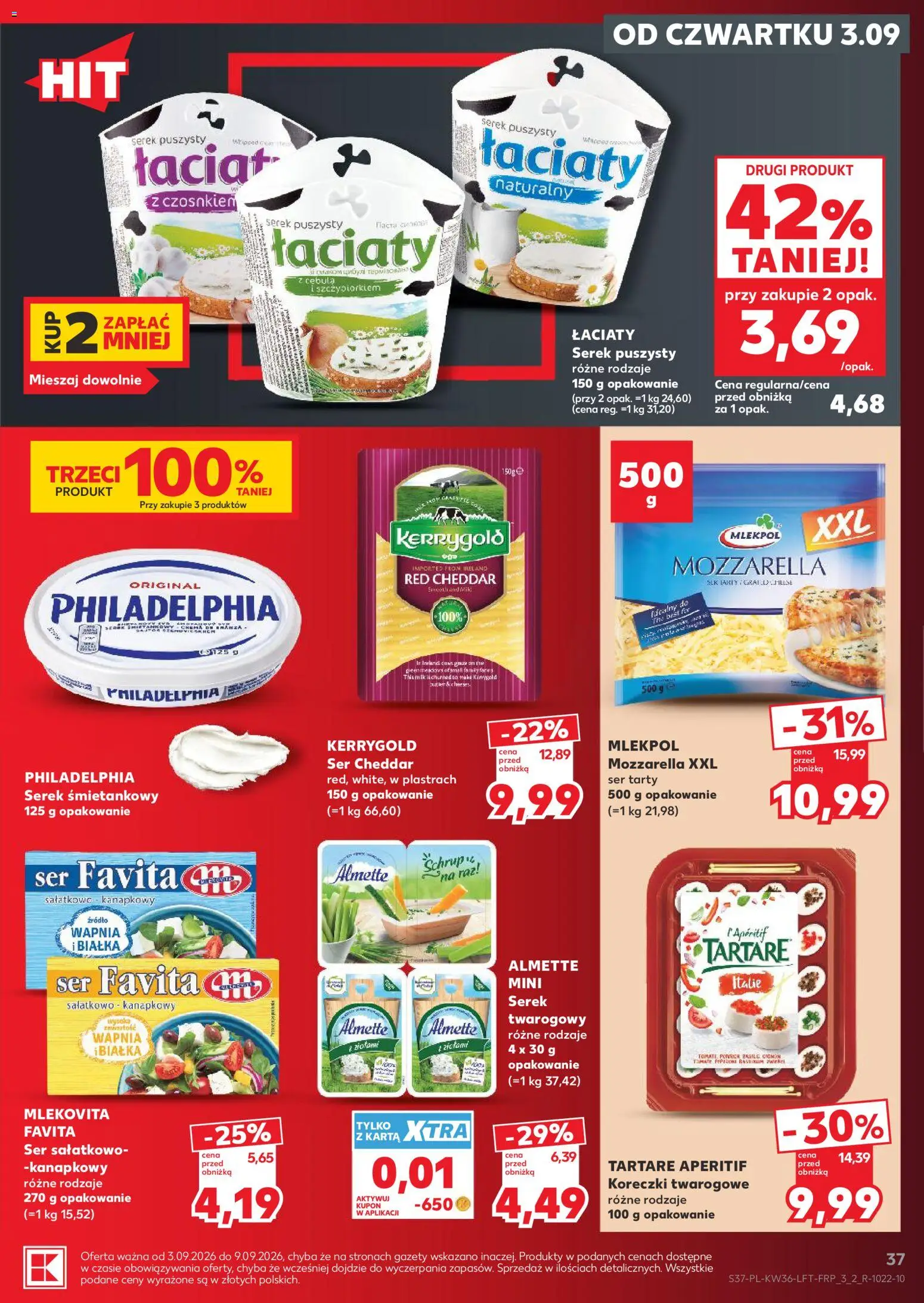 Kaufland gazetka od 03.09.2026 | Strona: 37 | Produkty: Serek śmietankowy, Karta, Cream cheese, Ser cheddar