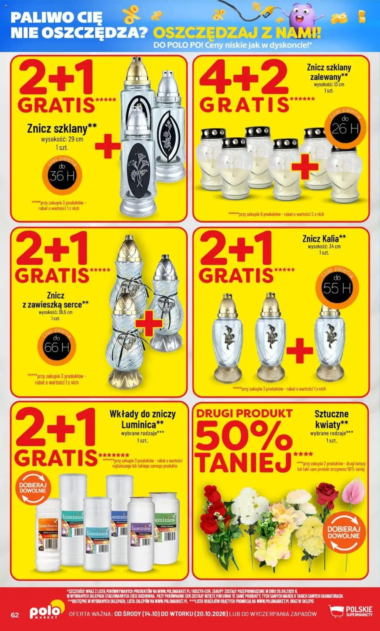 Nowa POLOmarket gazetka od jutra 14.10.2026 | Strona: 62 | Produkty: Wkłady do zniczy, Kwiaty