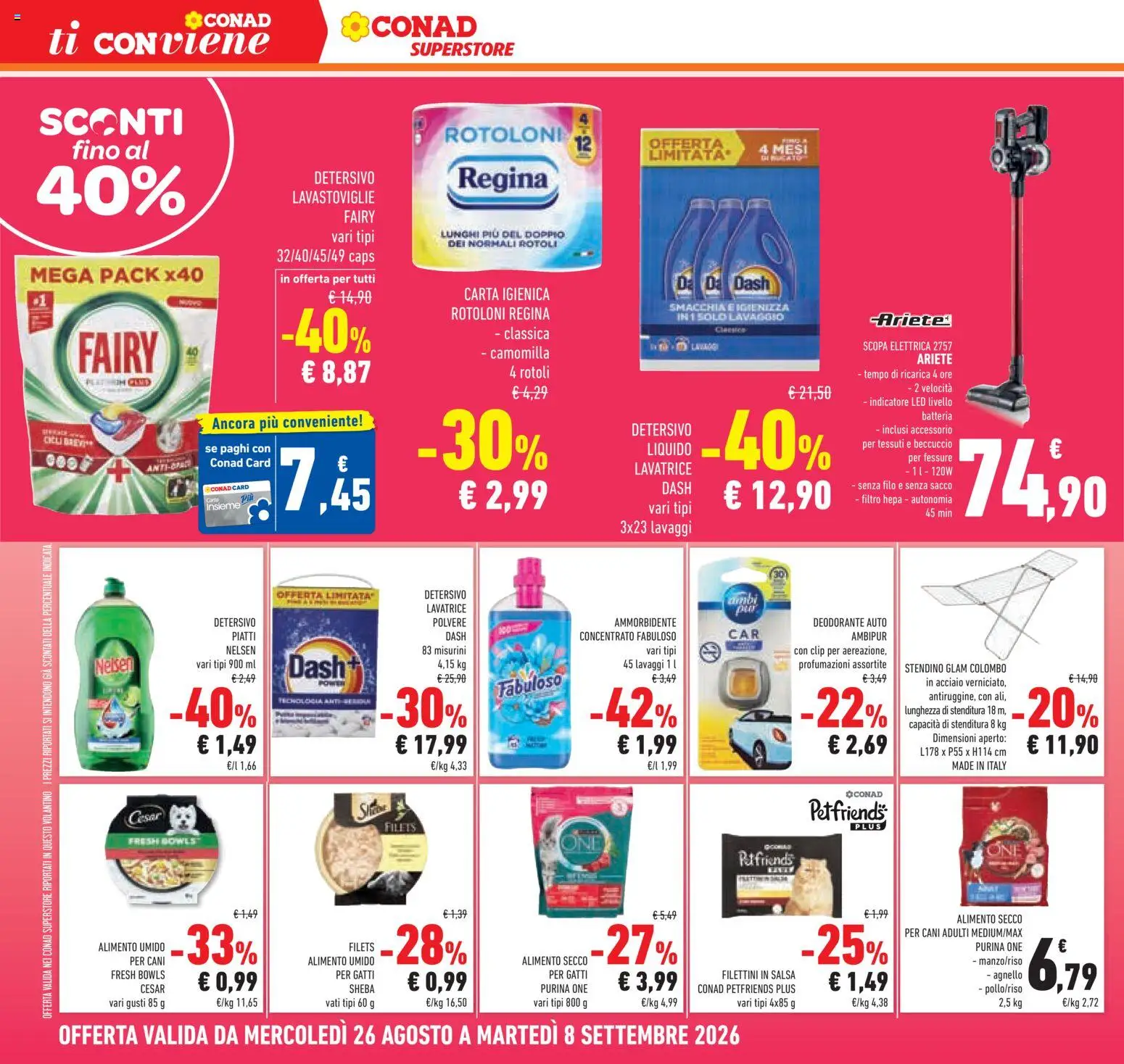 Volantino Conad del 26/08/2026 | Pagina: 26 | Prodotti: Scopa elettrica, Carta igienica, Salsa, Stendino
