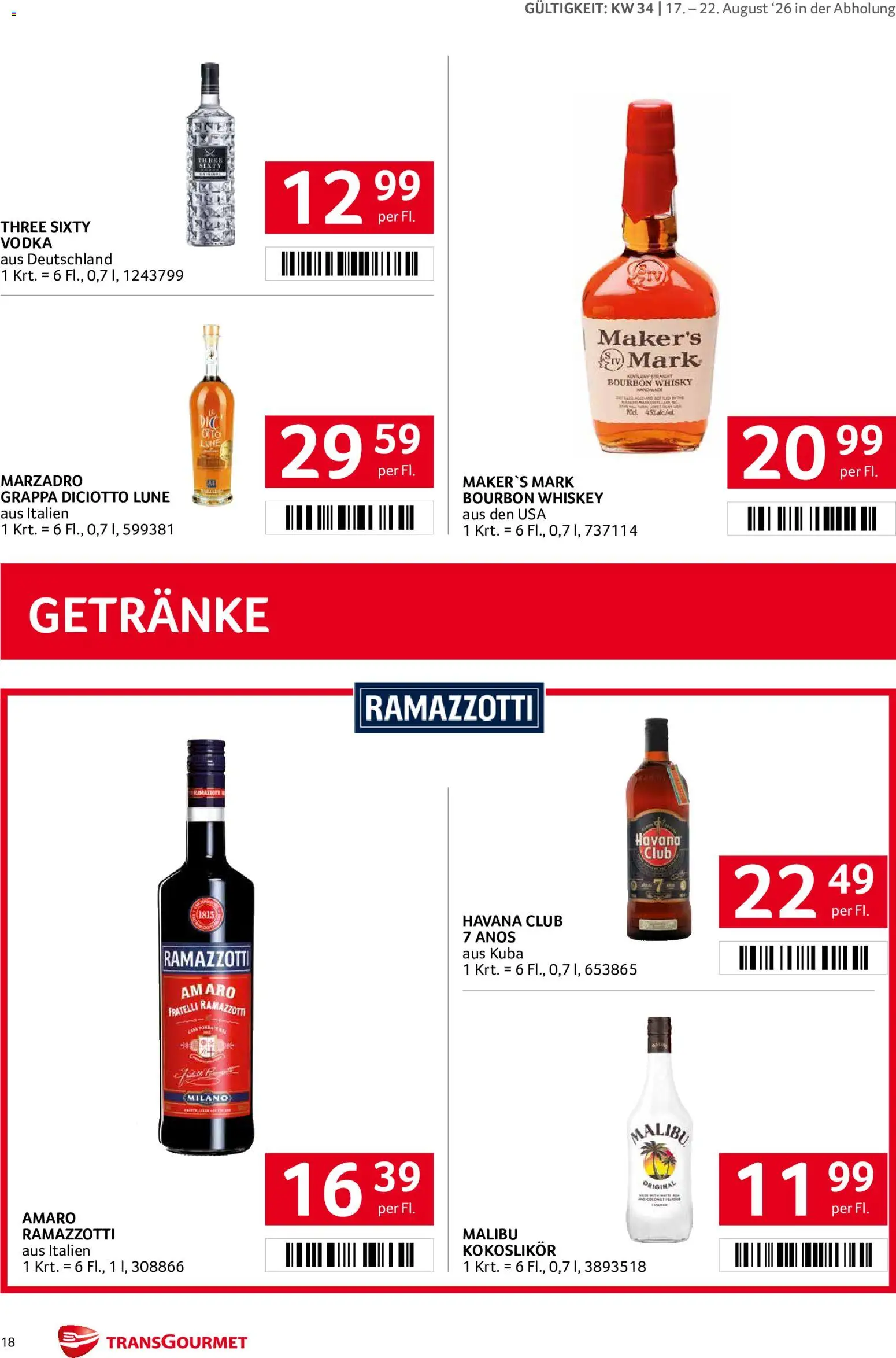 Transgourmet Flugblatt gültig ab 17.08.2026 | Seite: 17 | Produkte: Whiskey, Havana Club, Getränke, Bourbon
