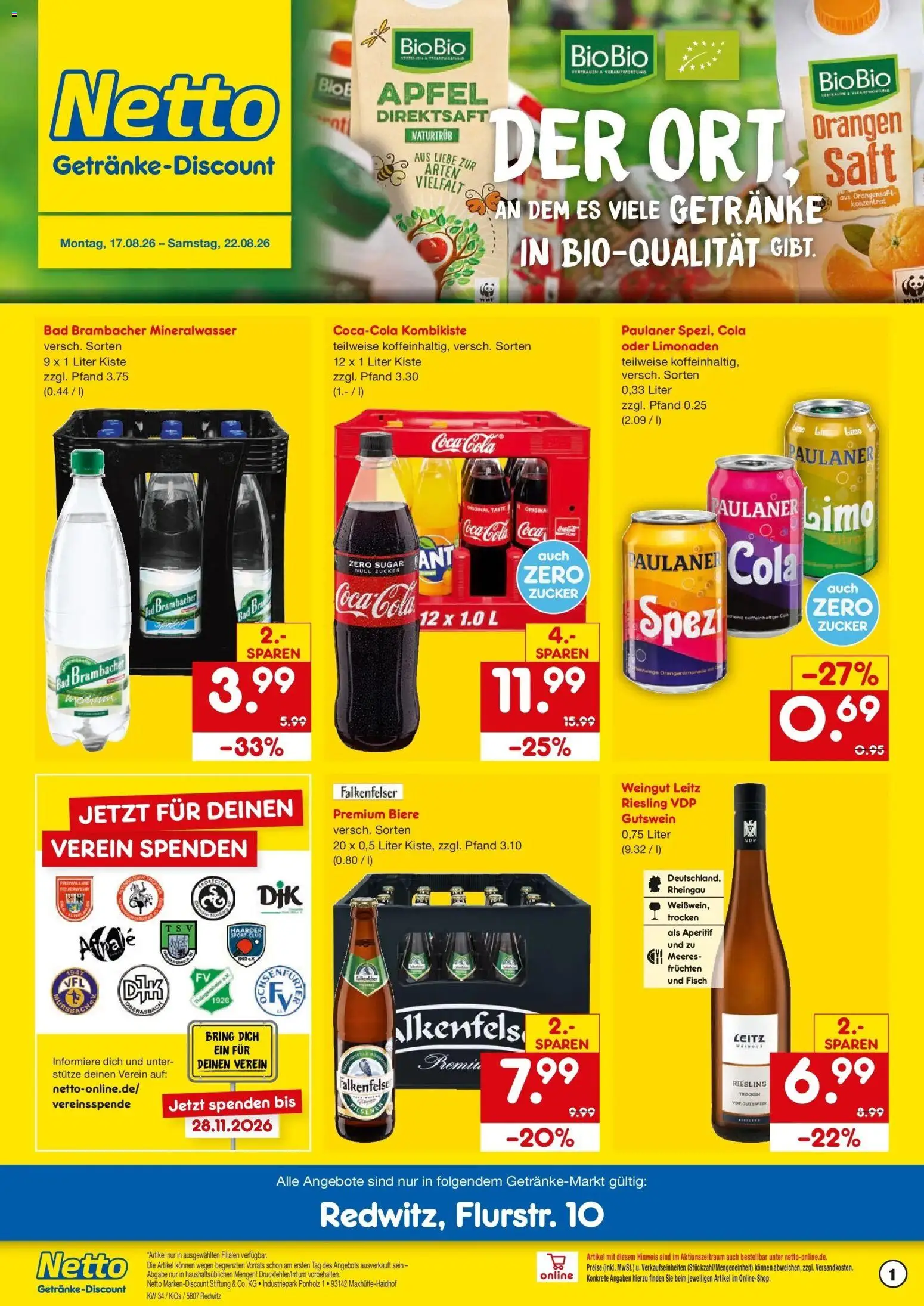 Netto Marken-Discount Prospekt Redwitz (ab 17.08.2026) » Angebote | Seite: 1 | Produkte: Cola, Bad, Saft, Paulaner