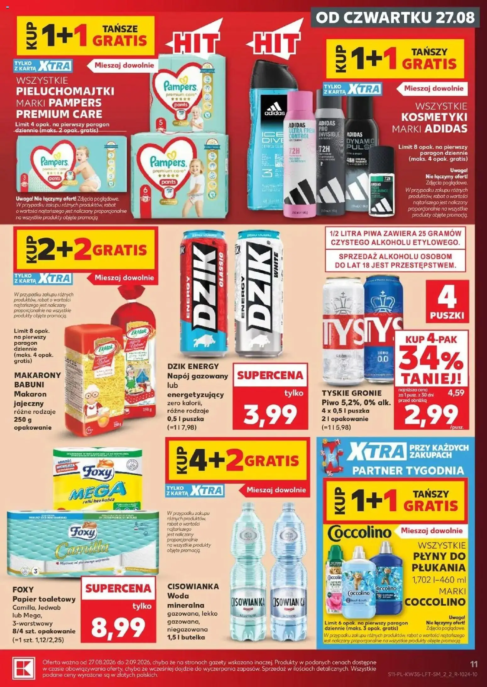 Kaufland gazetka od 27.08.2026 - od jutra PDF | Strona: 11 | Produkty: Woda mineralna, Rolki, Pieluchomajtki, Pasta