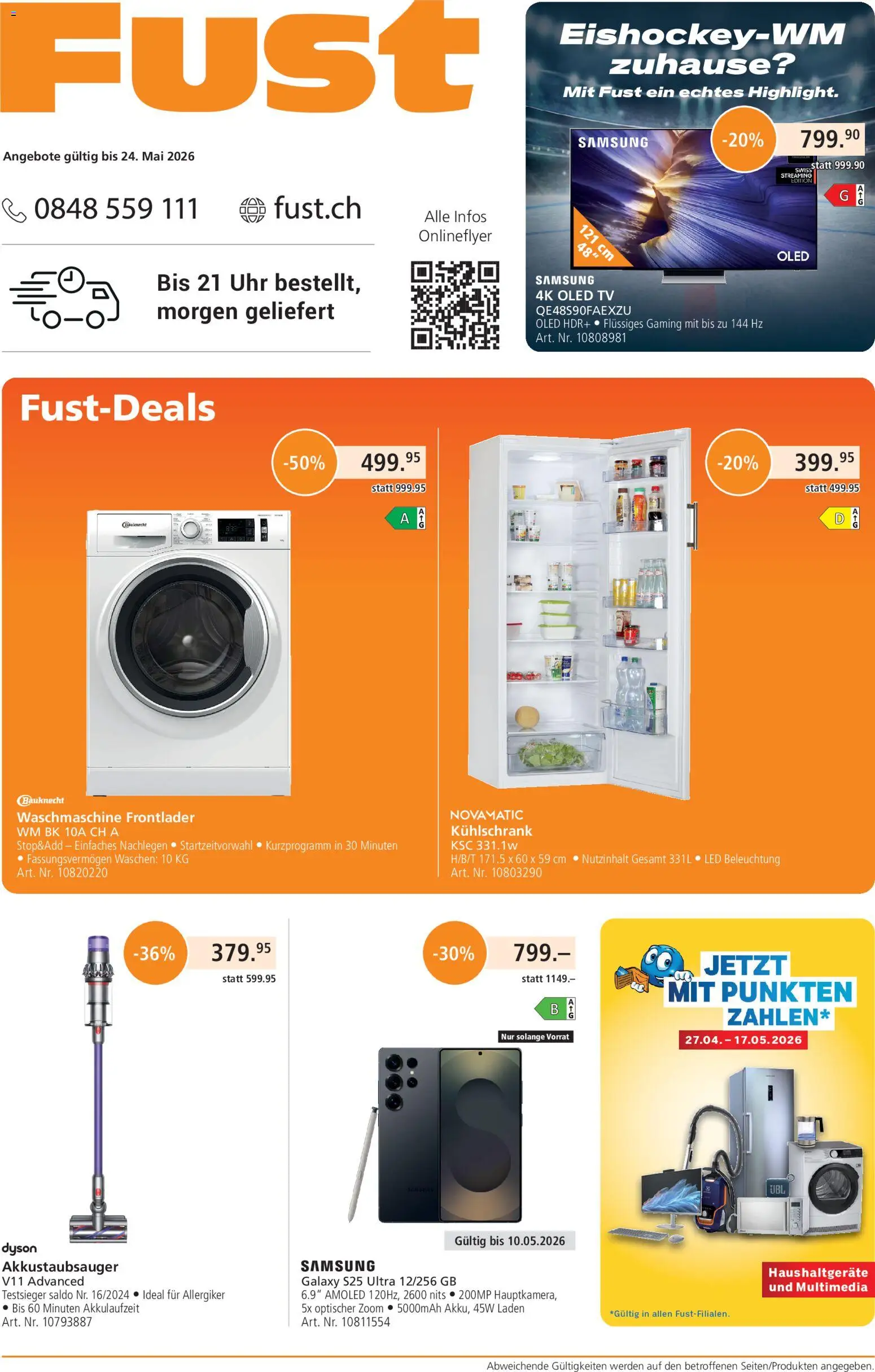 Fust aktionen – gültig ab 01.05.2026 | Seite: 1 | Produkte: Uhr, Samsung, Kühlschrank, Dyson