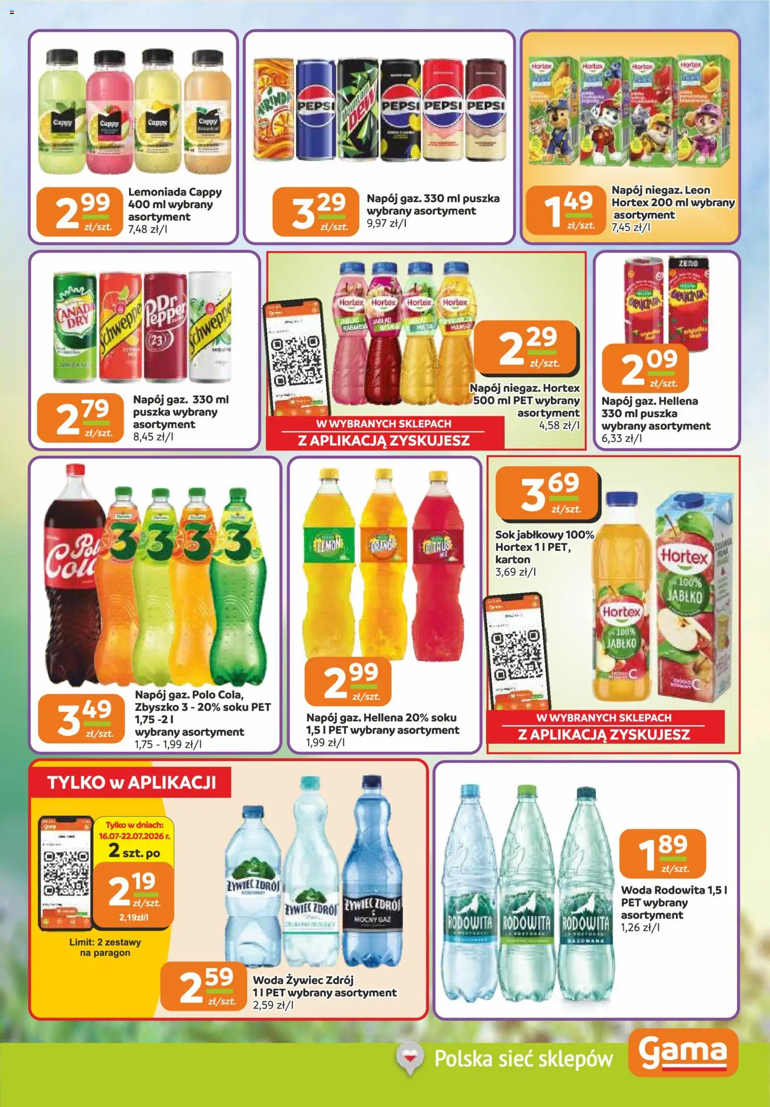 Gama gazetka od 16.07.2026 | Strona: 9 | Produkty: Sok jabłkowy, Pepsi, Sok, Woda