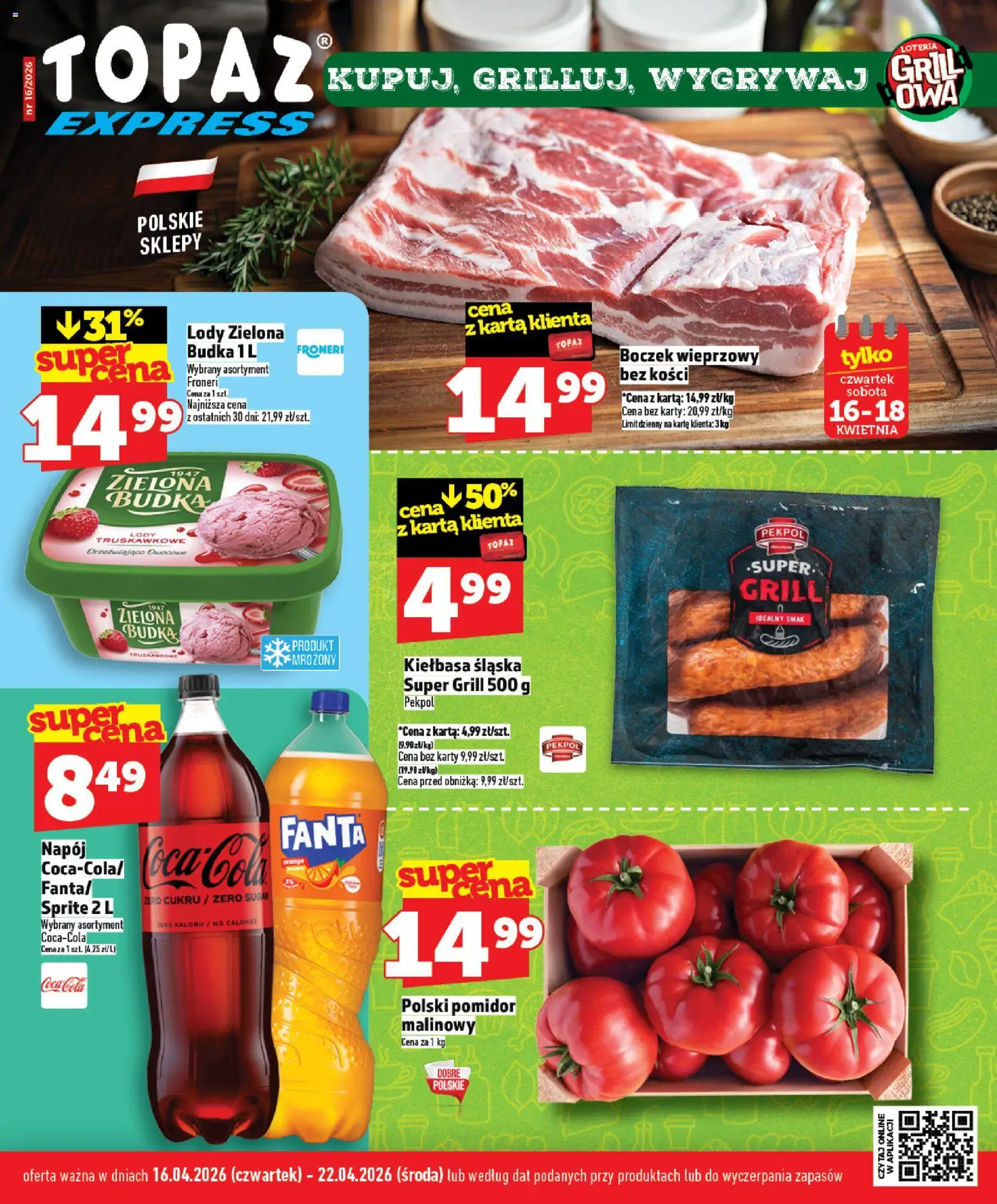 Topaz gazetka - Express od 16.04.2026 | Strona: 1 | Produkty: Kiełbasa, Karta, Sprite, Boczek