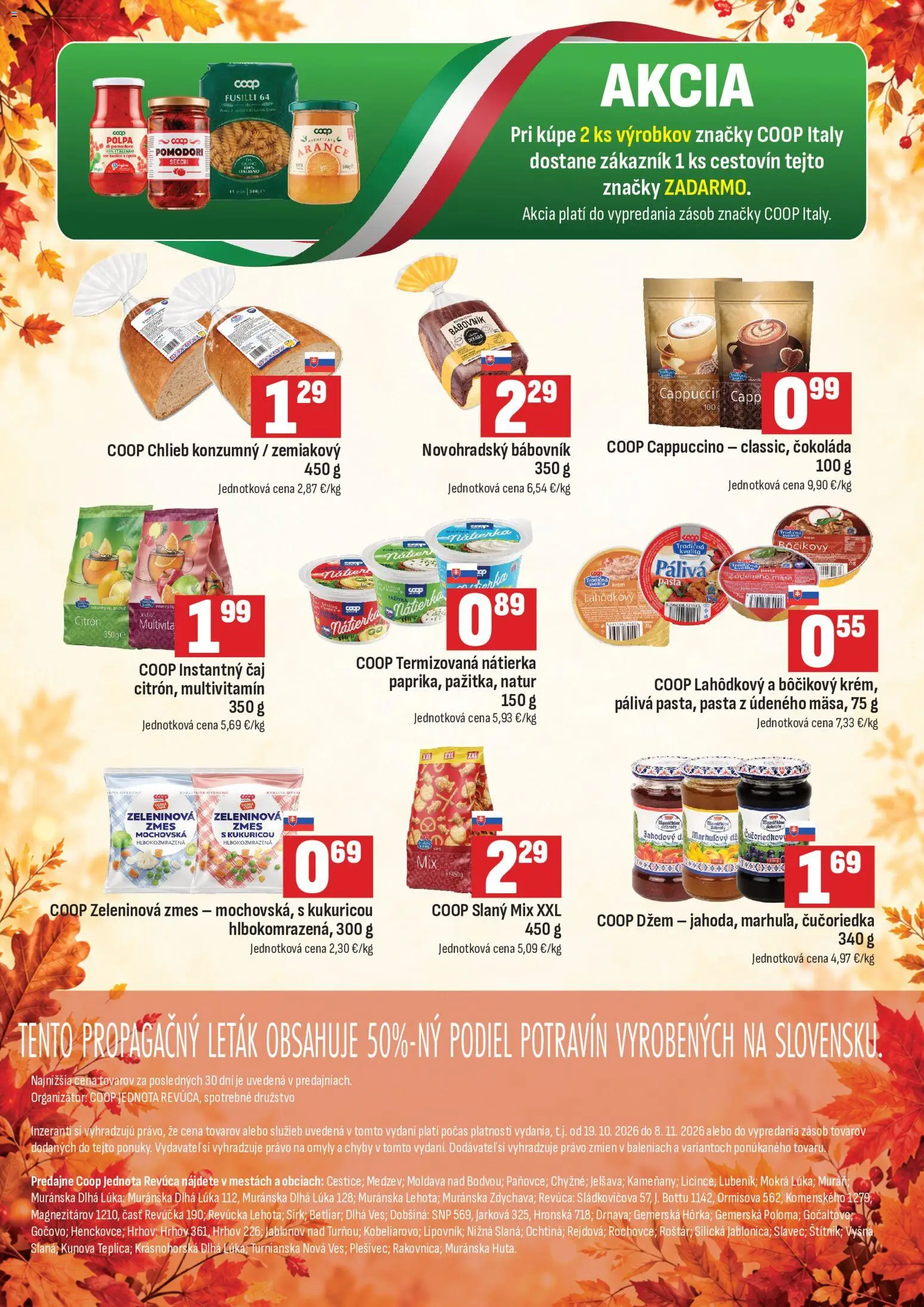 Nové COOP Jednota akcie – leták je platný od 19.10.2026 | Strana: 4 | Produkty: Multivitamín, Fusilli, Čokoláda, Krém
