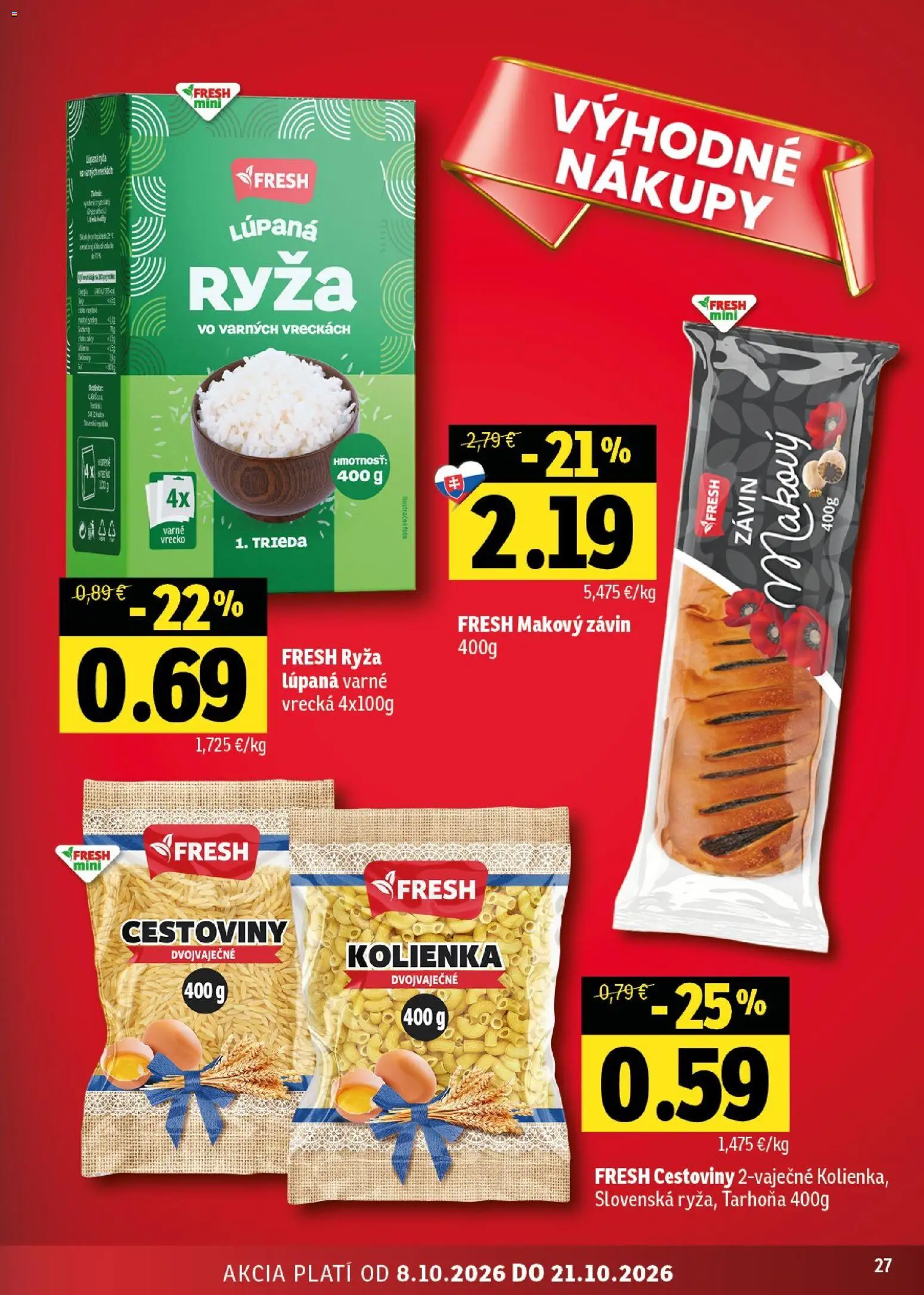 Nové Fresh akcie – leták je platný od 08.10.2026 | Strana: 27 | Produkty: Ryža, Cestoviny, Závin, Tarhoňa