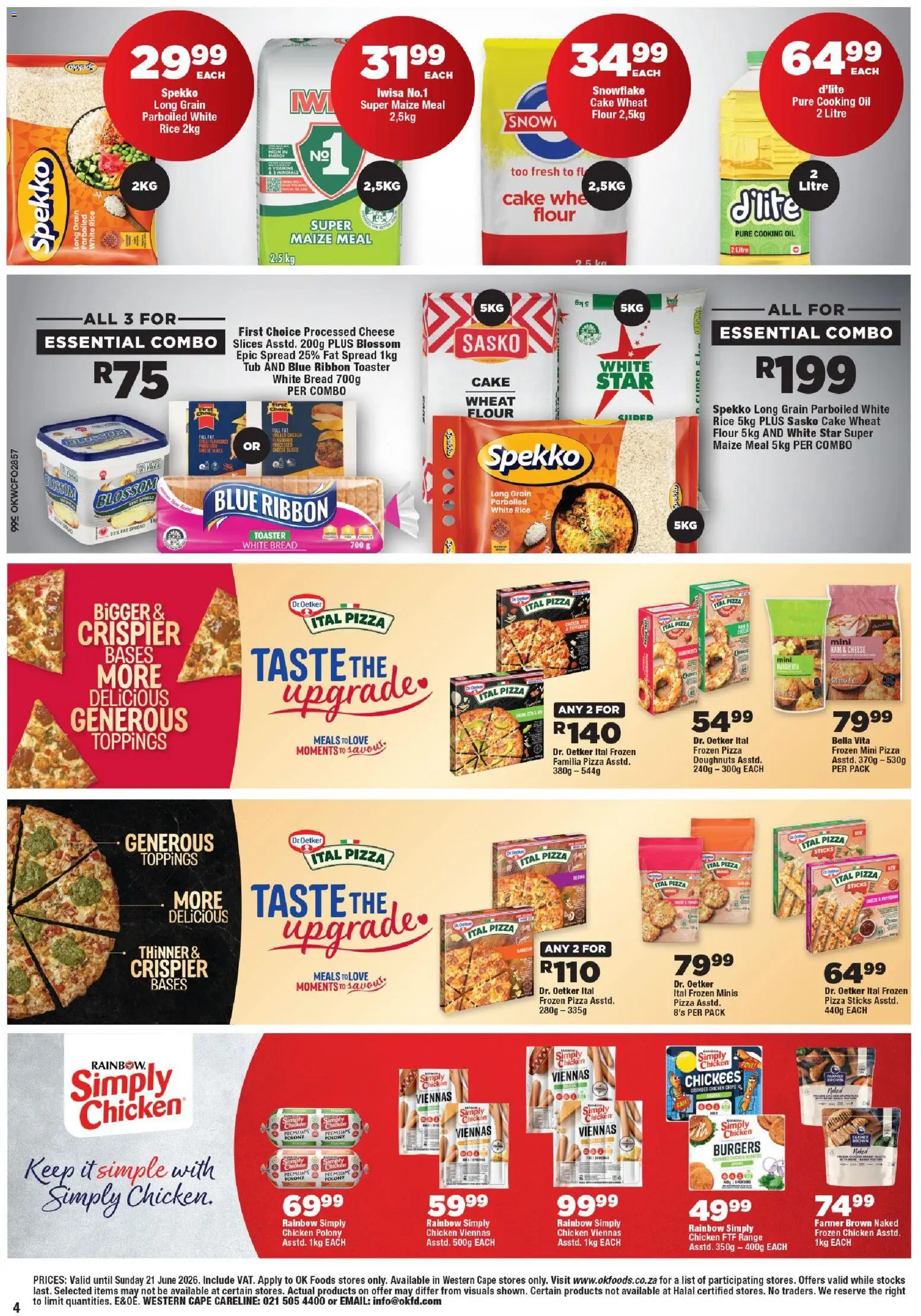 New OK Foods catalogue – valid from 10.06.2026 | Page: 4 | Products: Maize meal, Oil, Bread, Rice