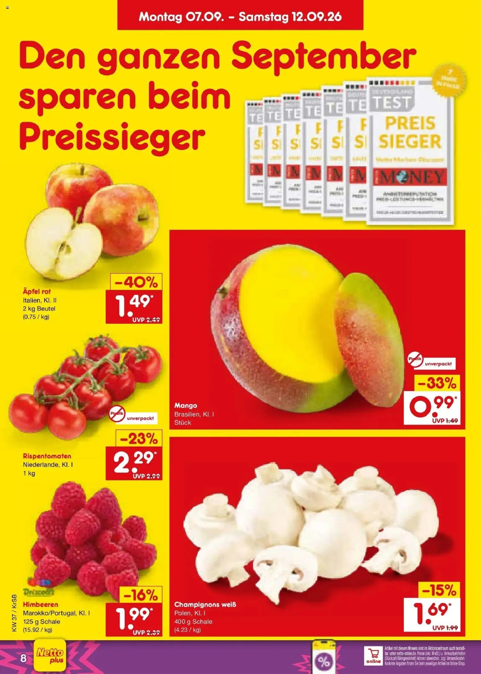 Netto Marken-Discount Prospekt Baesweiler – gültig ab 07.09.2026 | Seite: 14 | Produkte: Himbeeren, Äpfel, Champignons, Mango