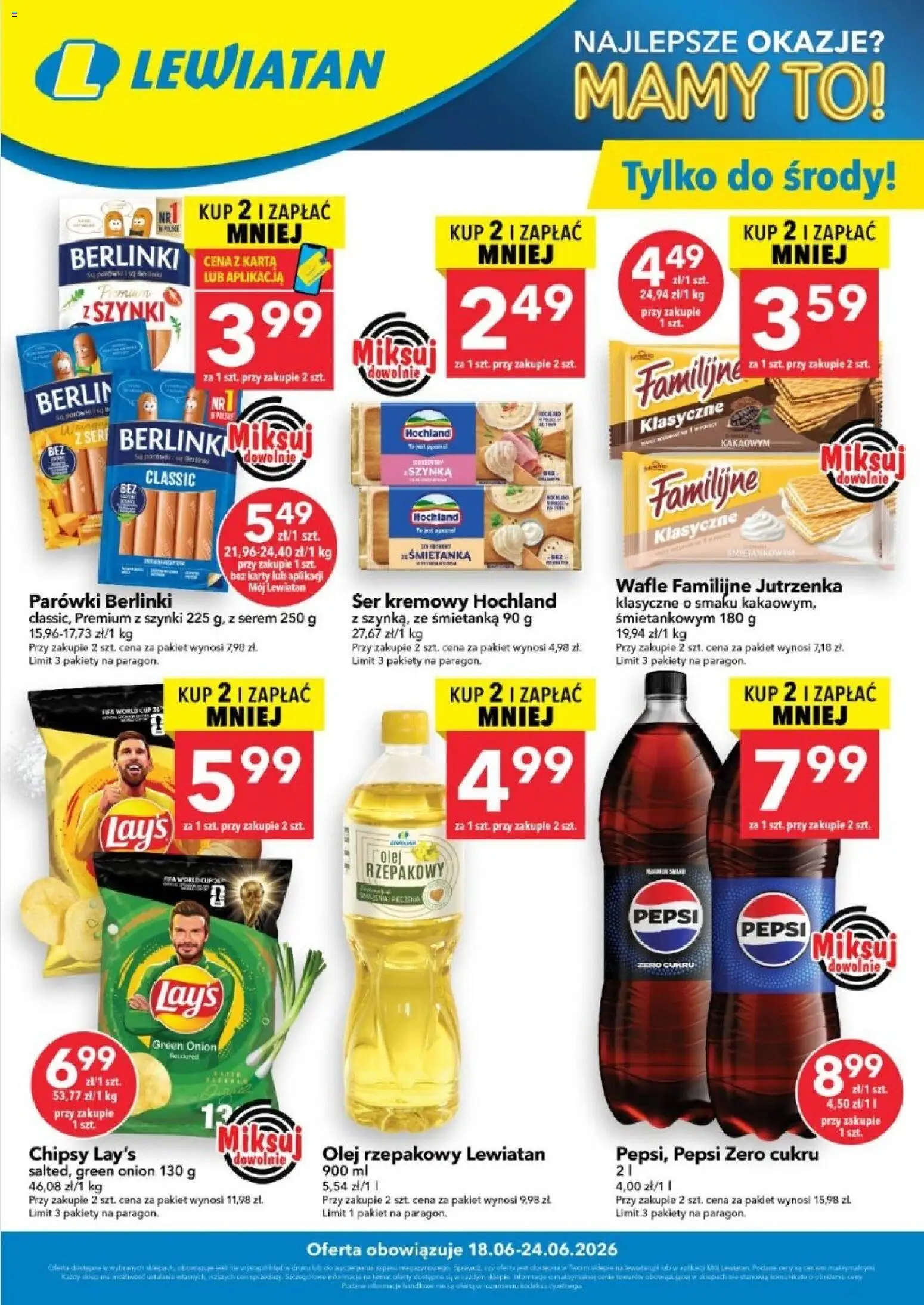 Lewiatan gazetka - W wielopakach taniej od 18.06.2026 | Strona: 1 | Produkty: Olej rzepakowy, Parówki berlinki, Pepsi, Ser