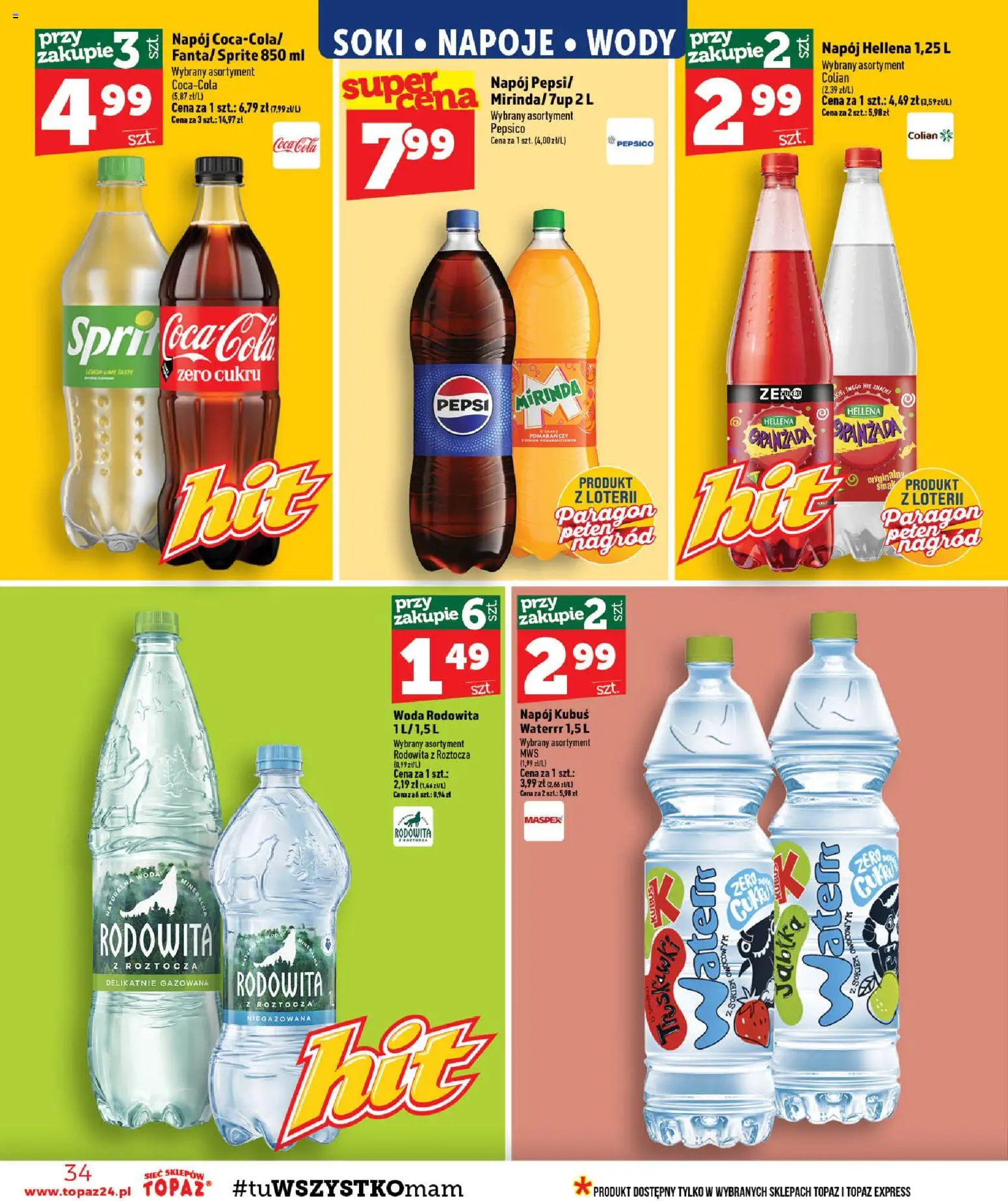 Topaz gazetka - MAZ od 27.08.2026 | Strona: 34 | Produkty: Kubuś, Sprite, Soki, Coca cola