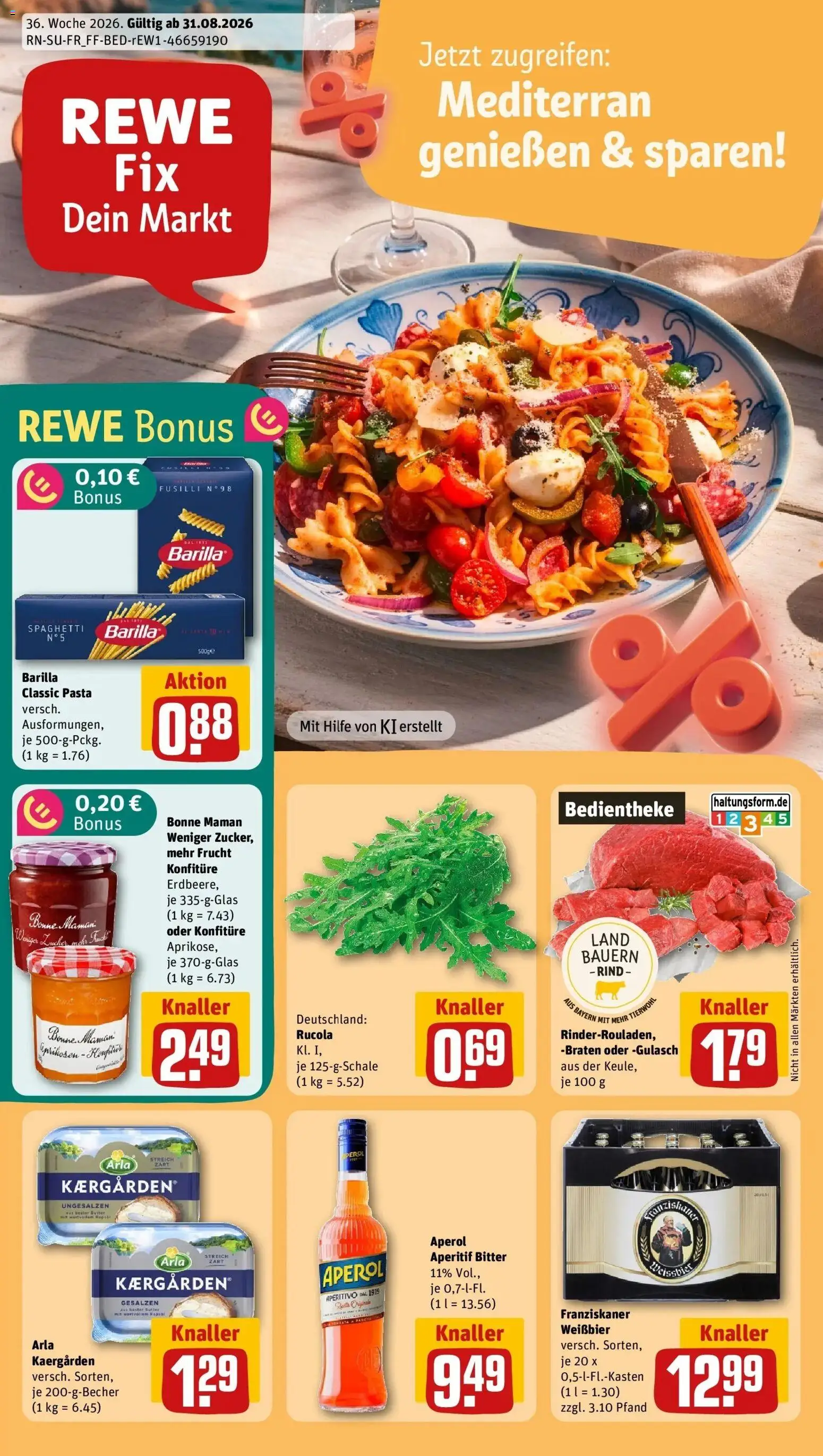 REWE Prospekt ab 31.08.2026 zum Blättern » Angebote | Seite: 1 | Produkte: Franziskaner, Barilla, Gulasch, Zucker