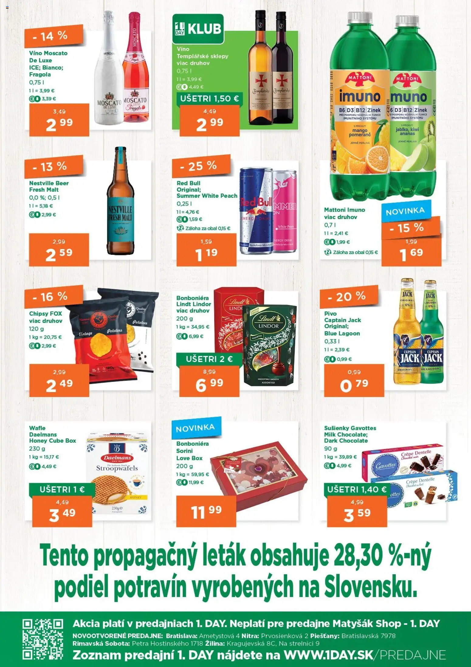 Nové 1day akcie – leták je platný od 07.05.2026 | Strana: 3 | Produkty: Víno, Lindt, Mattoni, Mango