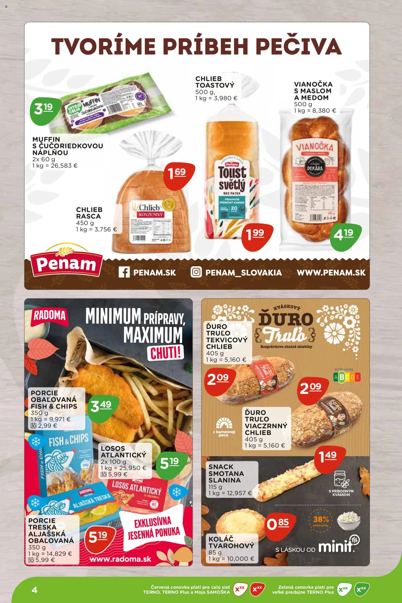 Nové Terno akcie – leták je platný od 07.09.2026 | Strana: 4 | Produkty: Slanina, Koláč, Losos, Treska