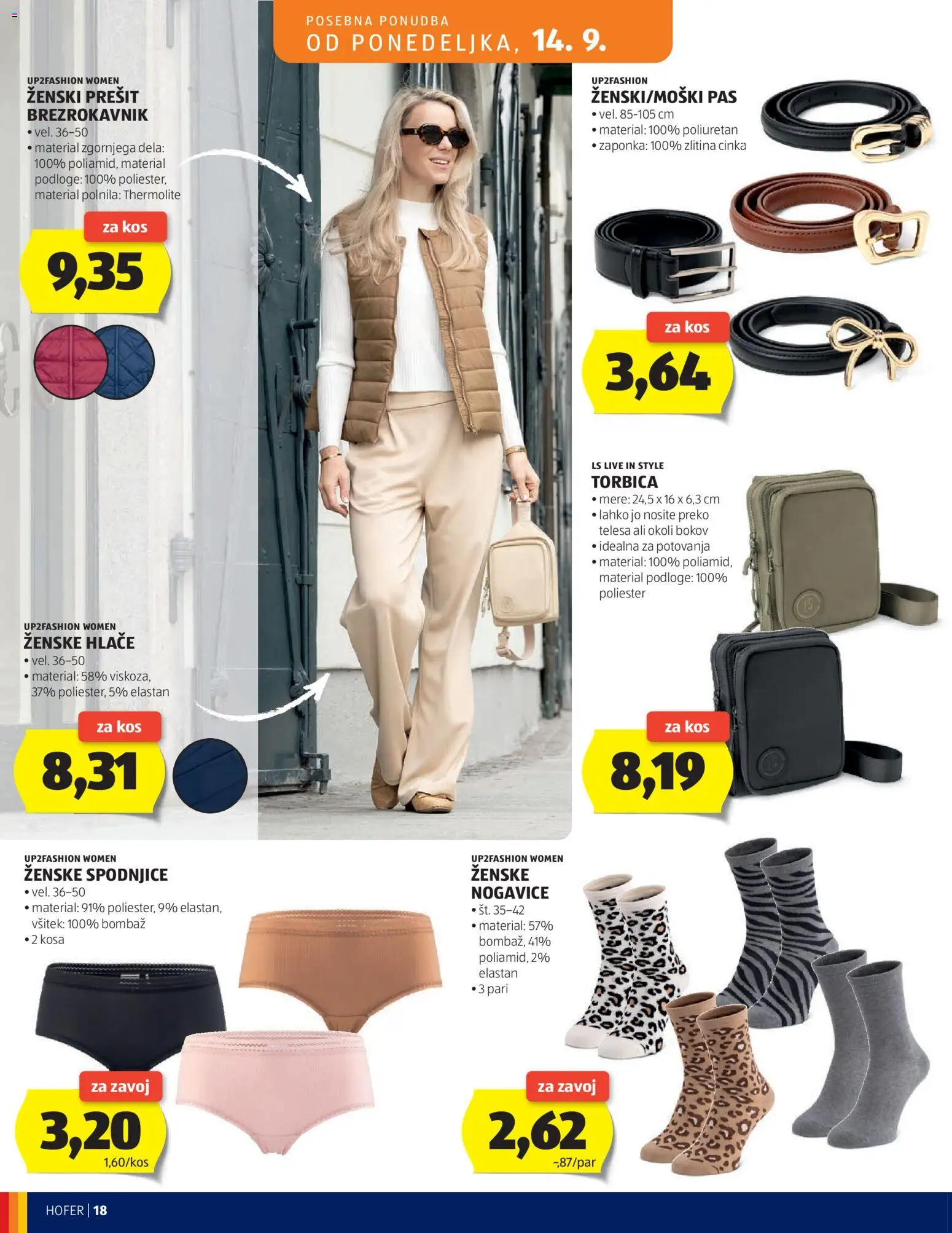 Hofer SI katalog | vrijedi od 09.09.2026 | Stranica: 18 | Proizvodi: Zavoj, Hlače, Torbica, Zenske hlače