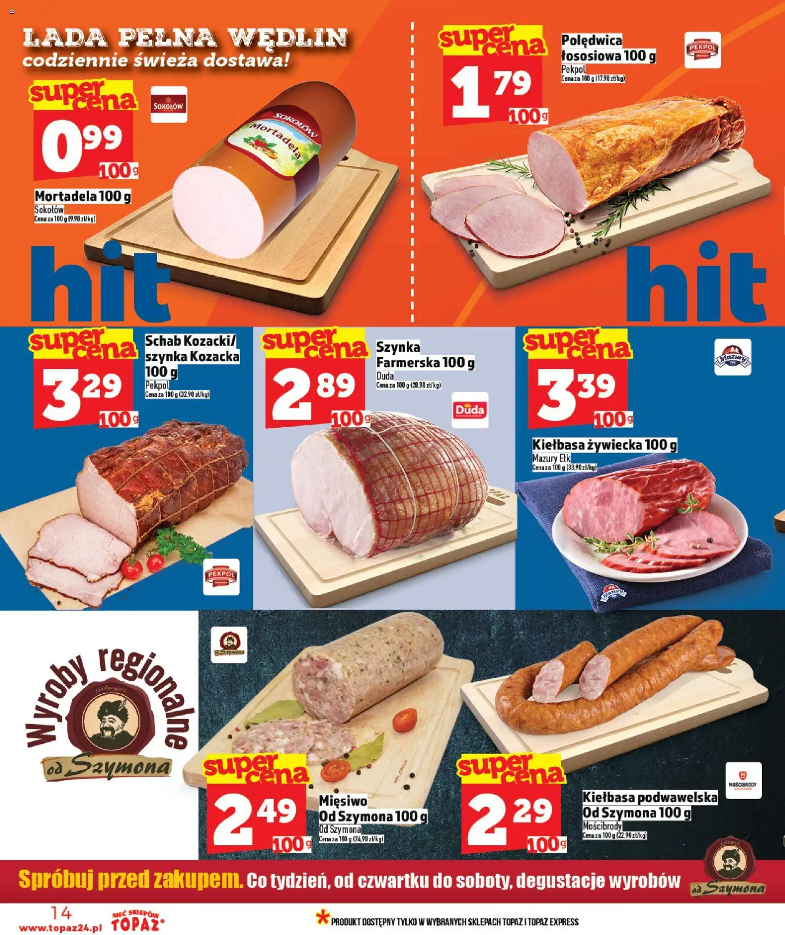 Topaz gazetka - MAZ od 30.04.2026 | Strona: 14 | Produkty: Kiełbasa, Mortadela, Szynka, Kiełbasa podwawelska