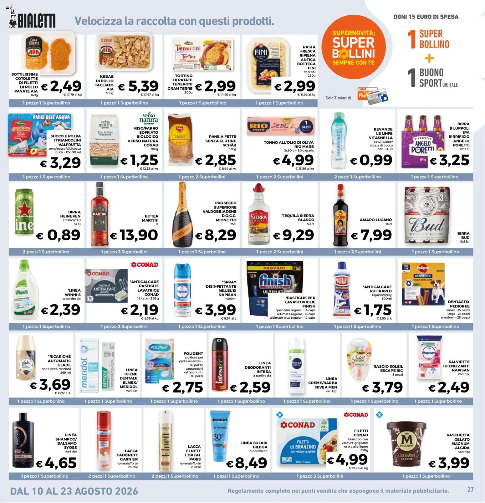 Volantino Conad del 12/08/2026 | Pagina: 27 | Prodotti: Filetto, Lavastoviglie, Mionetto Prosecco, Amaro