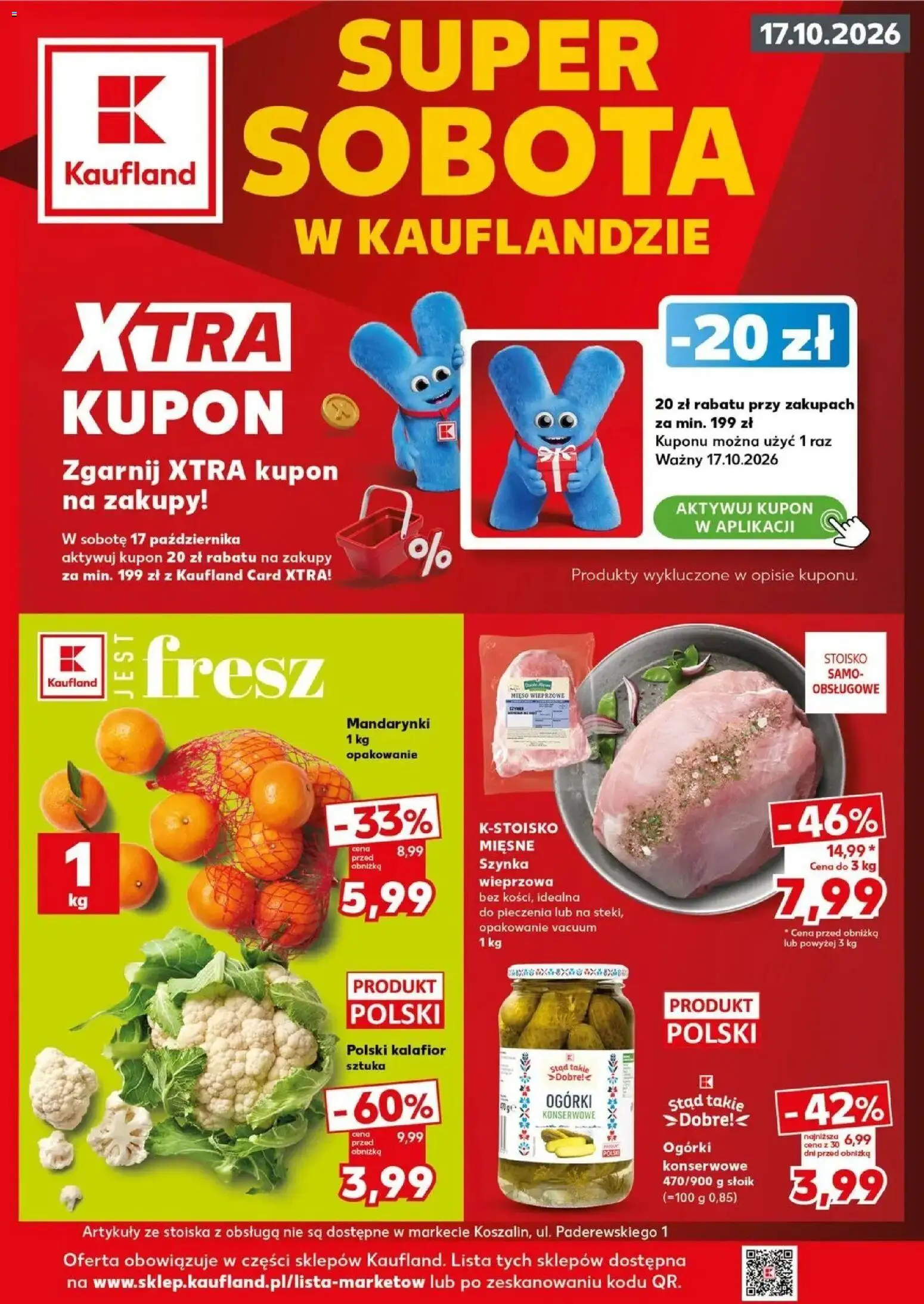 Kaufland gazetka - Super sobota od 17.10.2026 - od jutra PDF | Strona: 1 | Produkty: Kalafior, Mandarynki, Mięso wieprzowe, Ogórki konserwowe