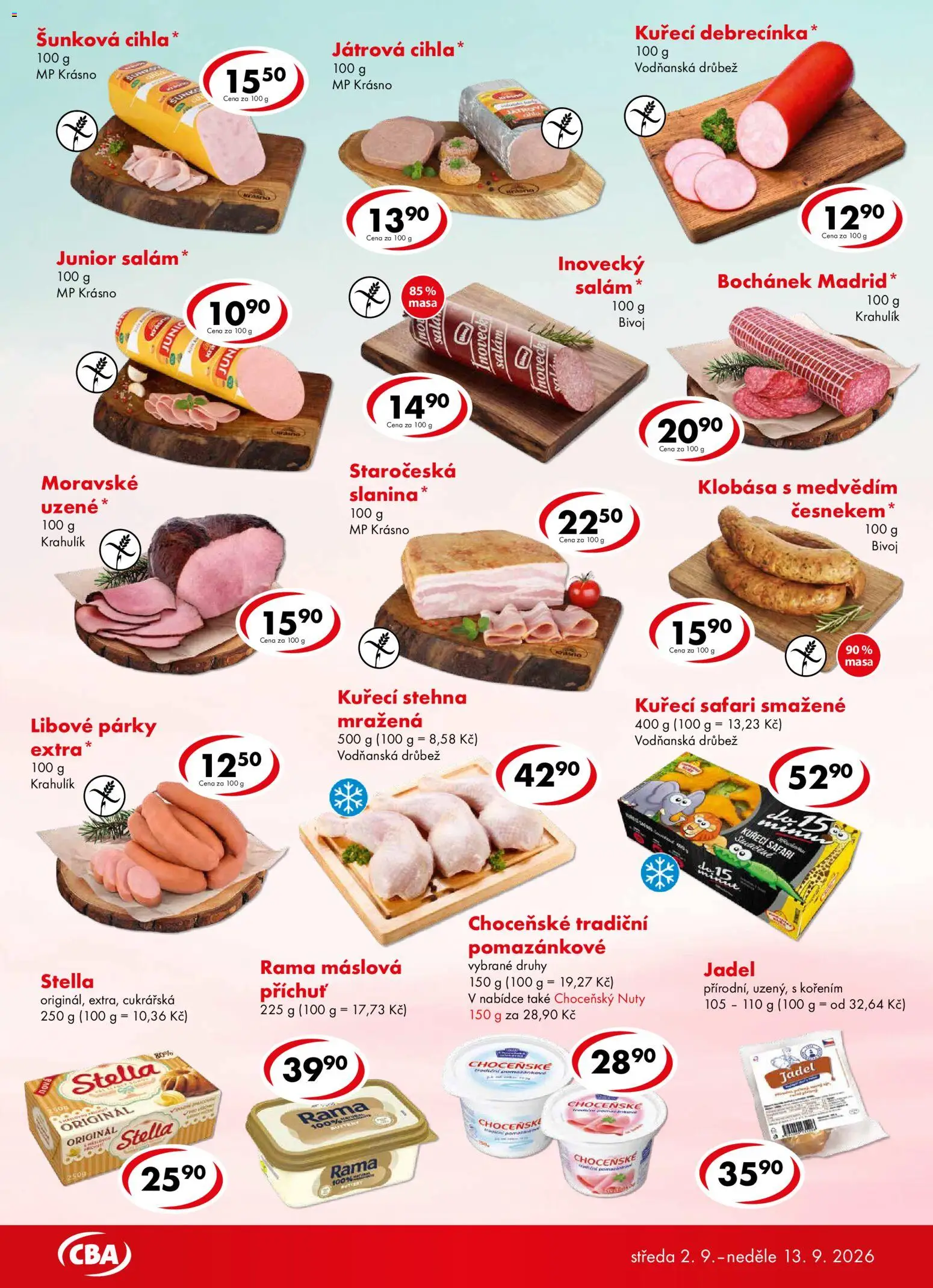 CBA leták od 02.09.2026 | Strana: 2 | Produkty: Párky, Kuřecí debrecínka, Klobása, Kuřecí stehna