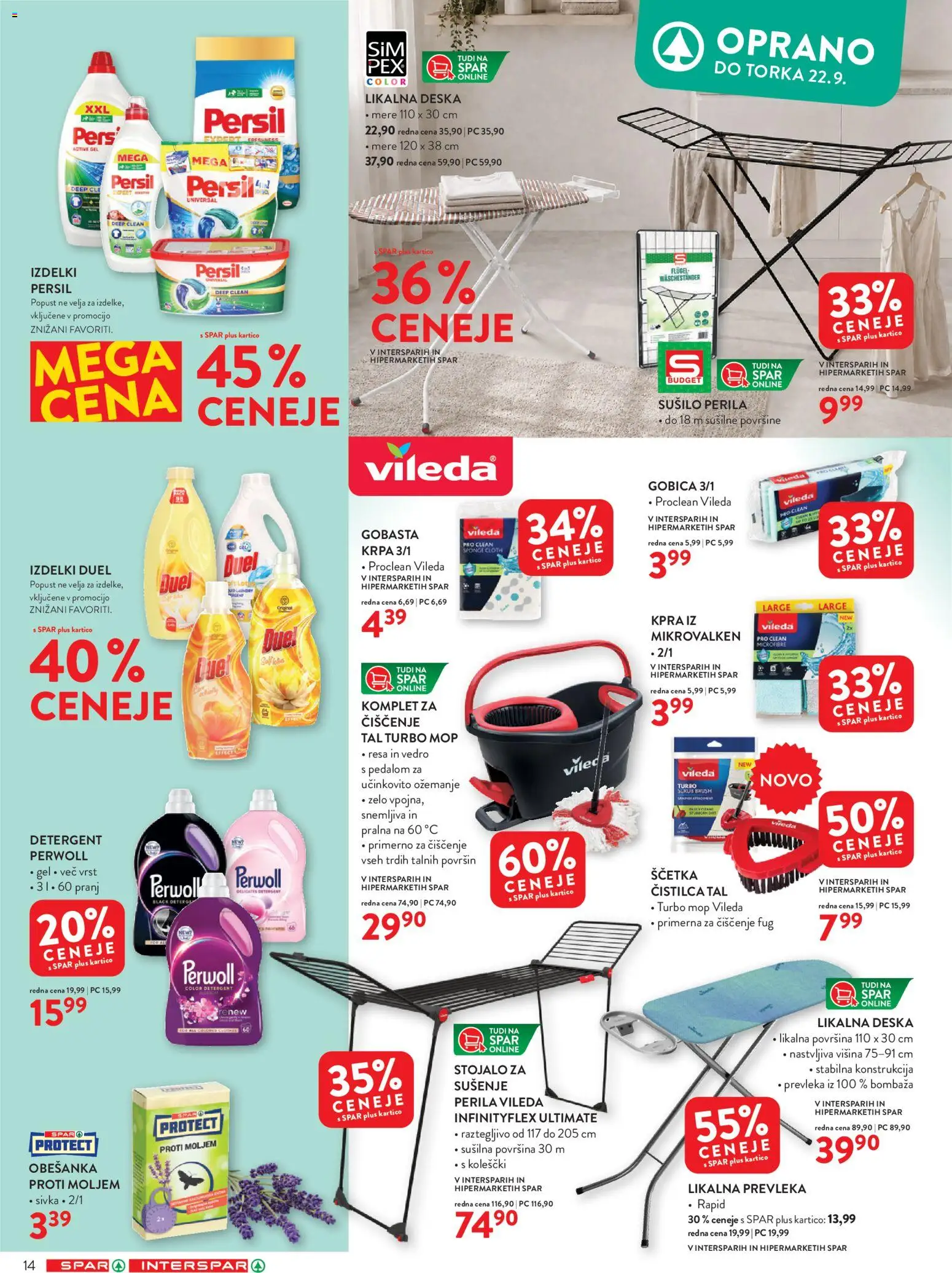 Novi Spar katalog ponudbe – veljaven od 09.09.2026 | Stran: 14 | Izdelki: Likalna deska, Prevleka, Gobica, Detergent
