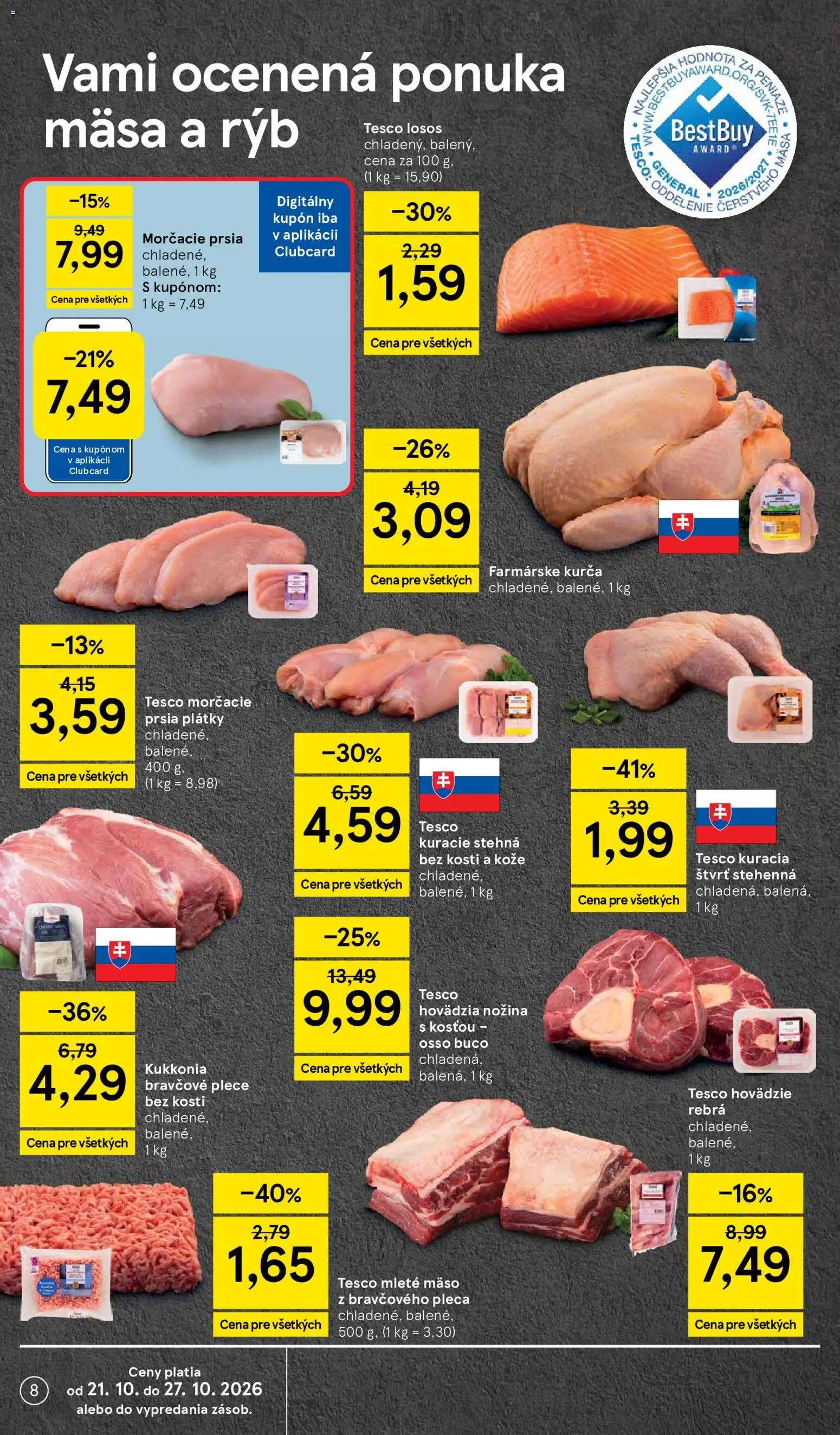 Nové Tesco akcie – leták je platný od 21.10.2026 | Strana: 8 | Produkty: Bravčové plece, Kuracie stehná, Losos, Mleté mäso