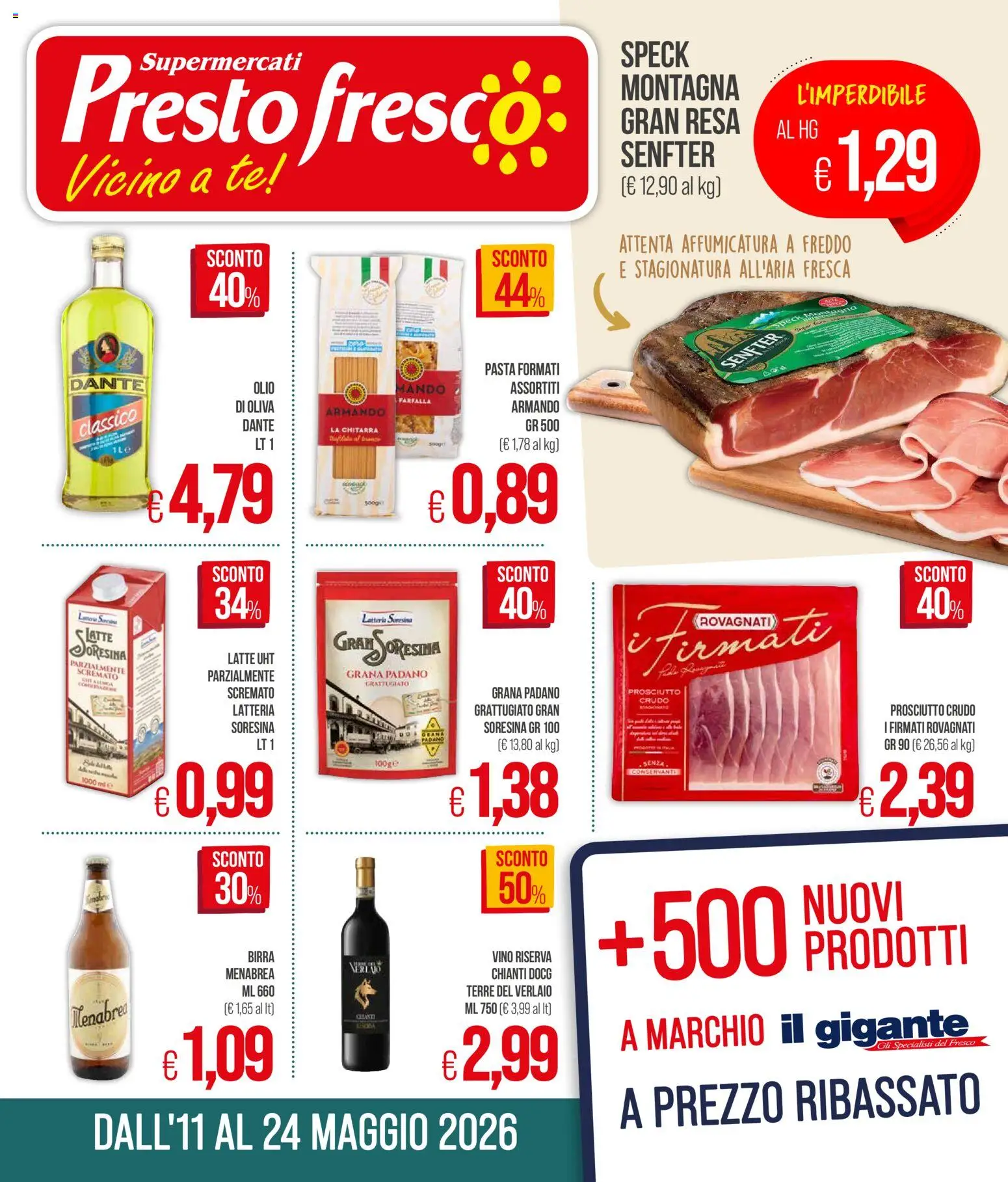Volantino Presto Fresco del 11.05.2026 | Pagina: 1 | Prodotti: Birra, Olio, Prosciutto, Pasta