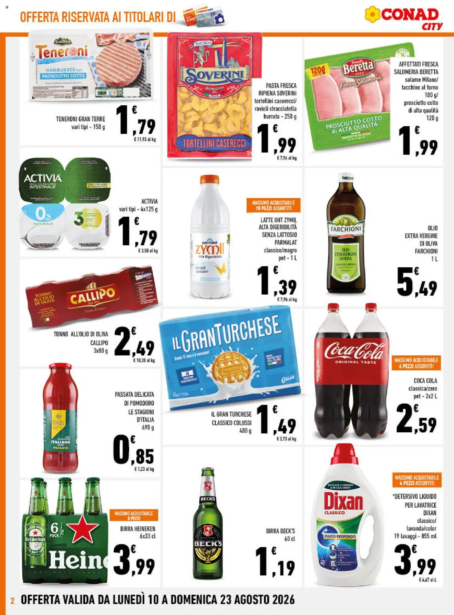 Volantino Conad del 10/08/2026 | Pagina: 2 | Prodotti: Birra Heineken, Pomodoro, Olio extra vergine, Burrata