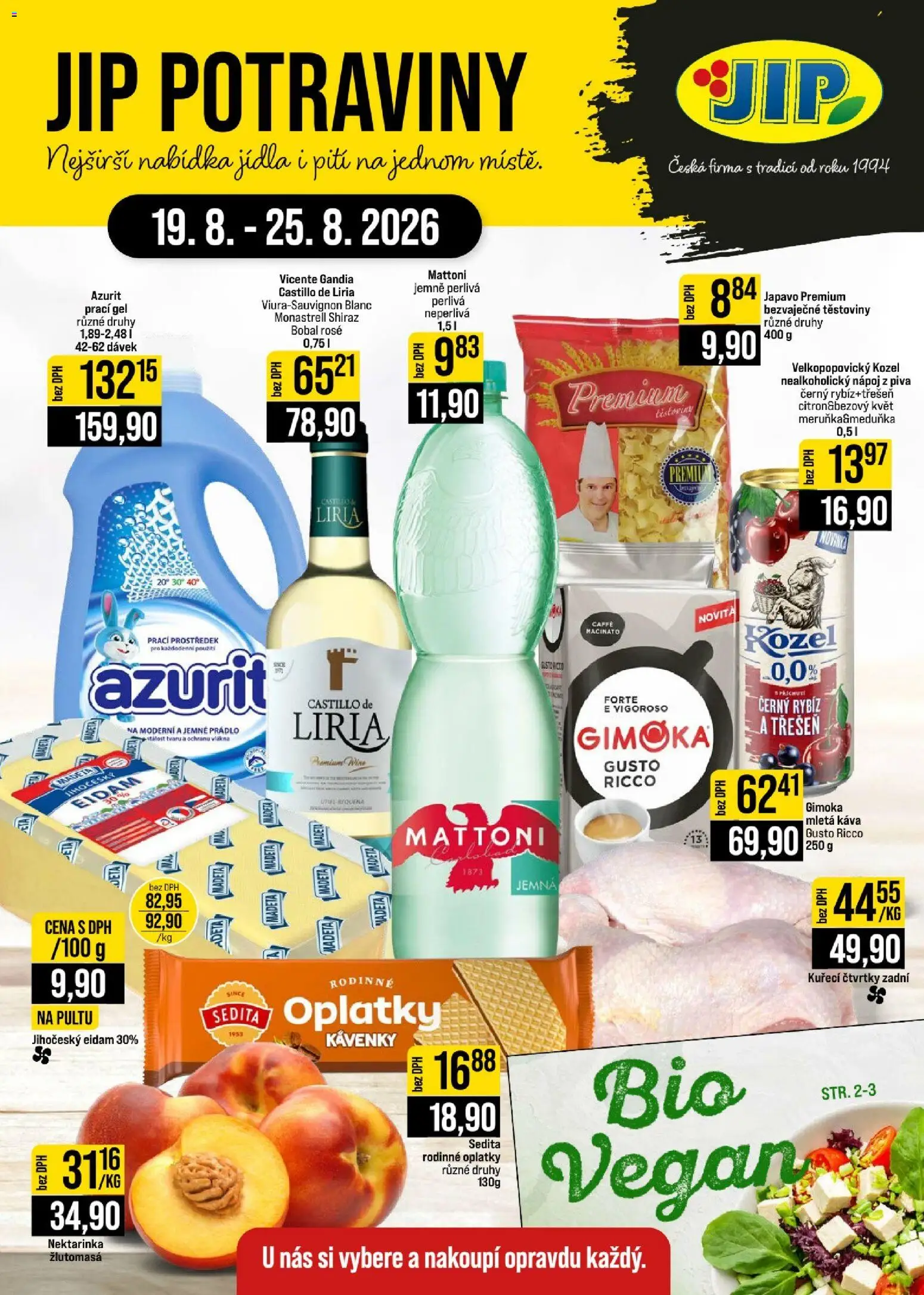 Jip leták - Cash & Carry od 19.08.2026 | Strana: 1 | Produkty: Káva, Kuřecí čtvrtky, Těstoviny, Velkopopovický Kozel