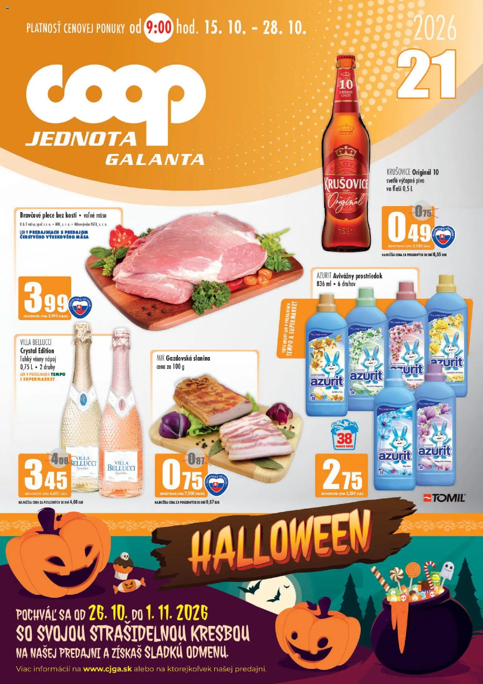 Nové COOP Jednota akcie – leták je platný od 15.10.2026 | Strana: 1 | Produkty: Pivo, Slanina, Bravčové plece, Krušovice