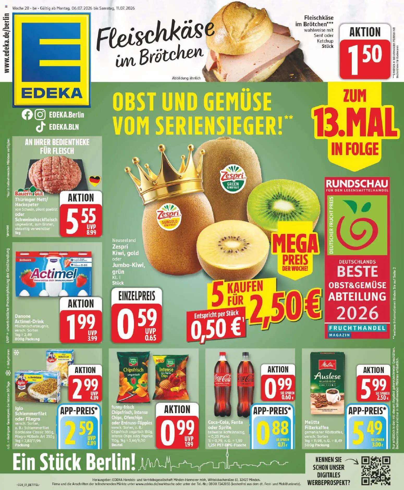 Edeka Prospekt – gültig ab 06.07.2026 | Seite: 1 | Produkte: Sprite, Iglo, Obst, Fleisch