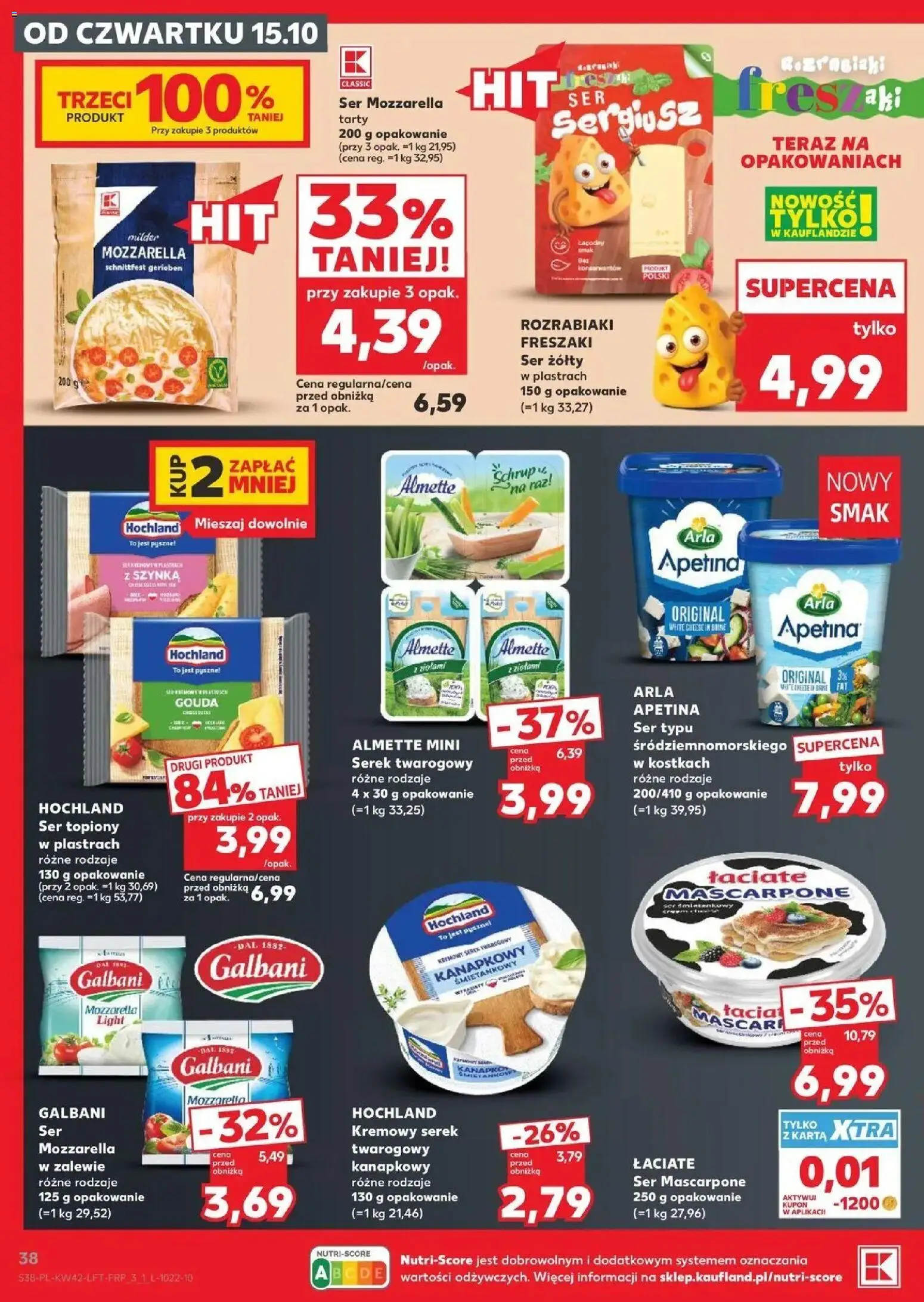 Kaufland aktualna gazetka od 15.10.2026 - od jutra PDF | Strona: 38 | Produkty: Karta, Ser topiony w plastrach, Ser mozzarella tarty, Szynka