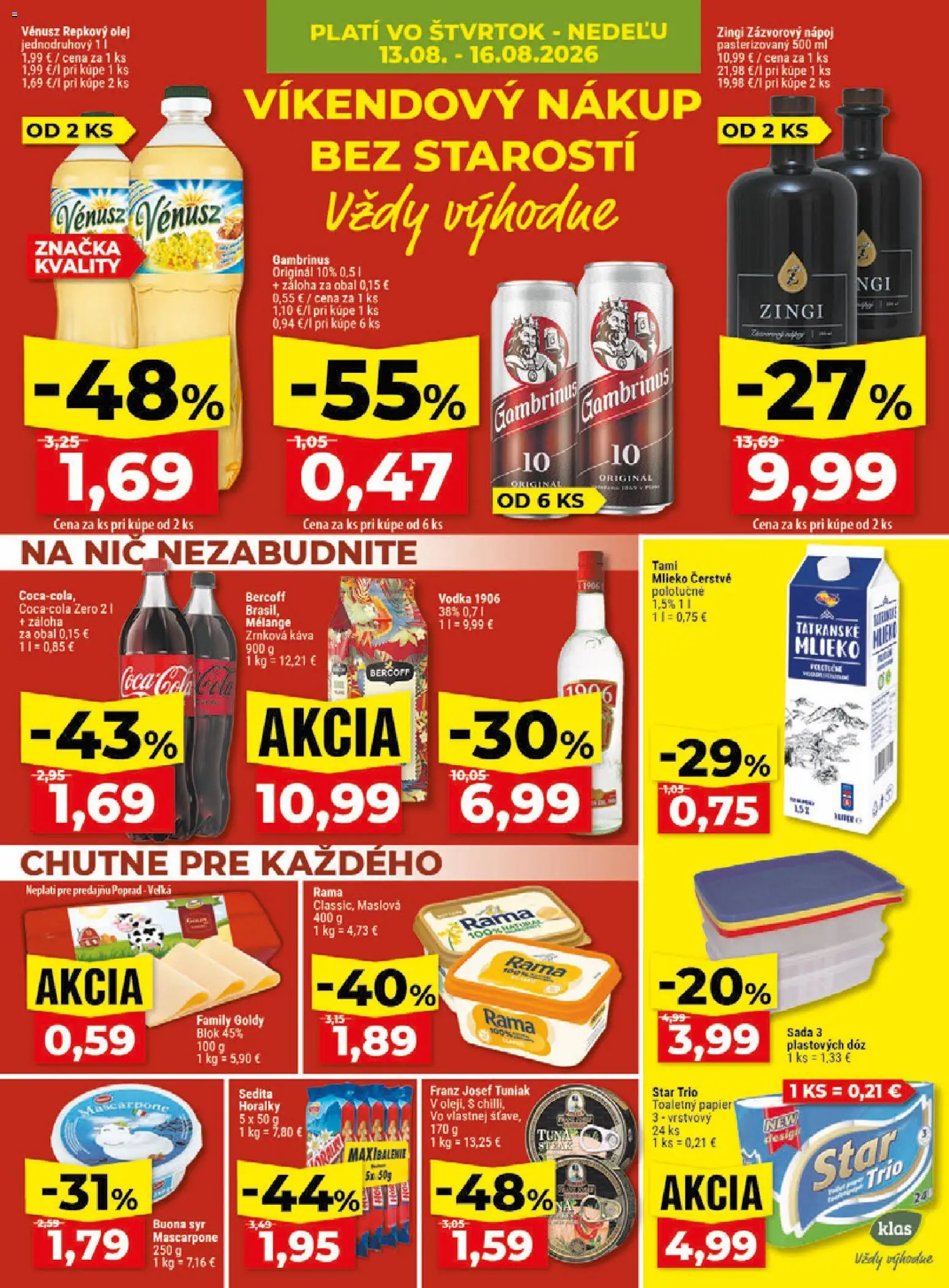 Nové Klas akcie – leták je platný od 10.08.2026 | Strana: 26 | Produkty: Mlieko, Toaletný papier, Steak, Horálky