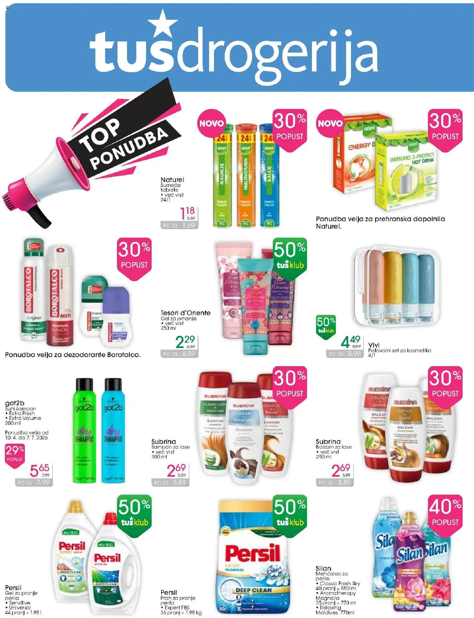 Novi Tuš drogerija katalog ponudbe – veljaven od 01.06.2026 | Stran: 1 | Izdelki: Gel za prhanje, Balzam za lase, Mehcalec za perilo, Detergent