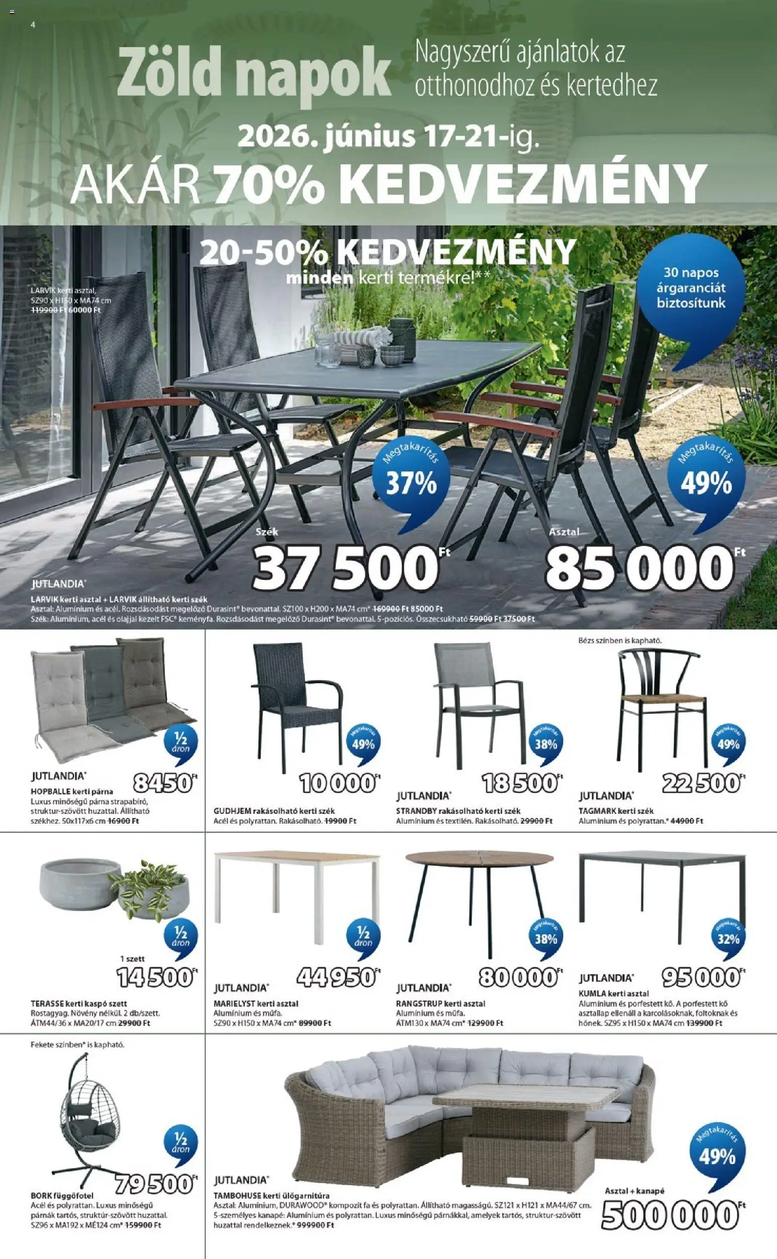 JYSK akciós ujság - amely érvényes a következő dátumtól: 17.06.2026 | Oldal: 4 | Termékek: Kerti párna, Függőfotel, Kanapé, Szék