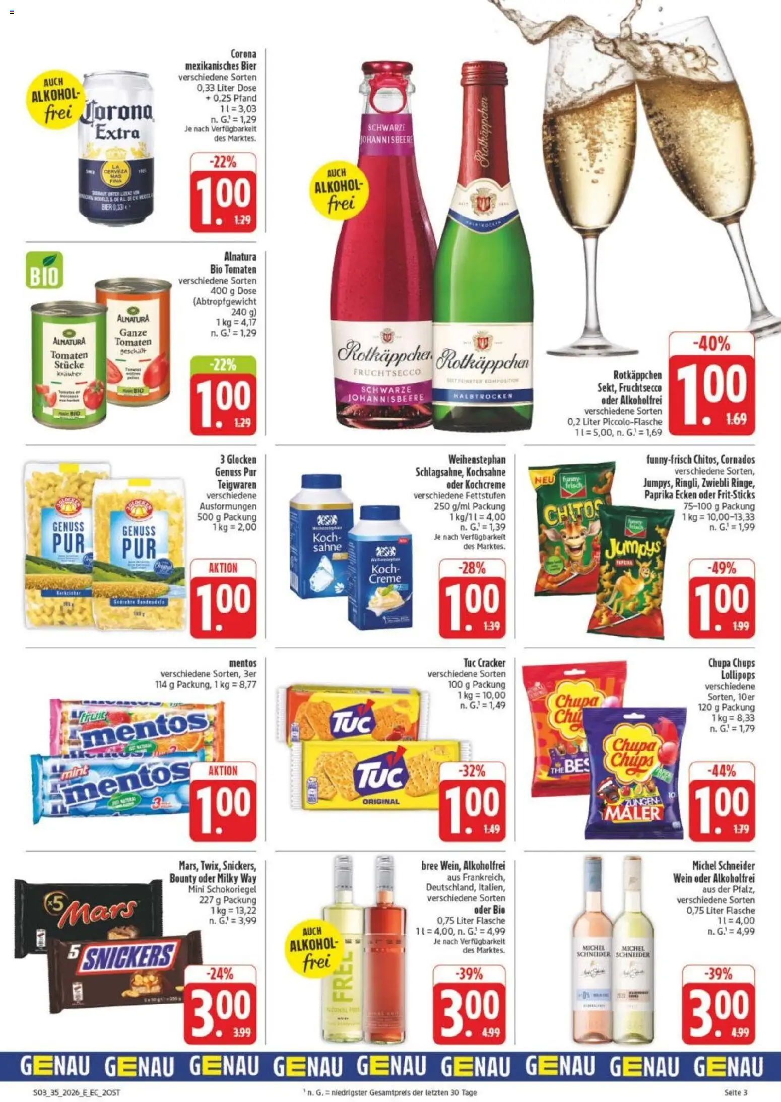 Edeka Prospekt Leipzig – gültig ab 23.08.2026 | Seite: 3 | Produkte: Kochsahne, Tomaten, Snickers, Wein