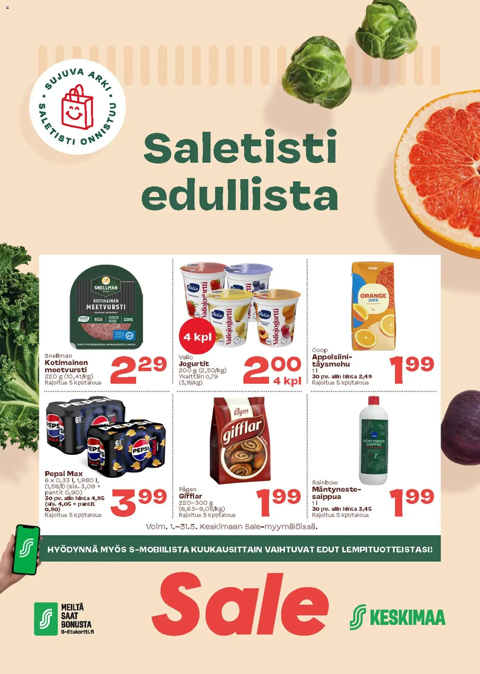 Sale tarjoukset – voimassa 01.05.2026 alkaen | Sivu: 1 | Tuotteet: Meetvursti, Saippua, Pepsi