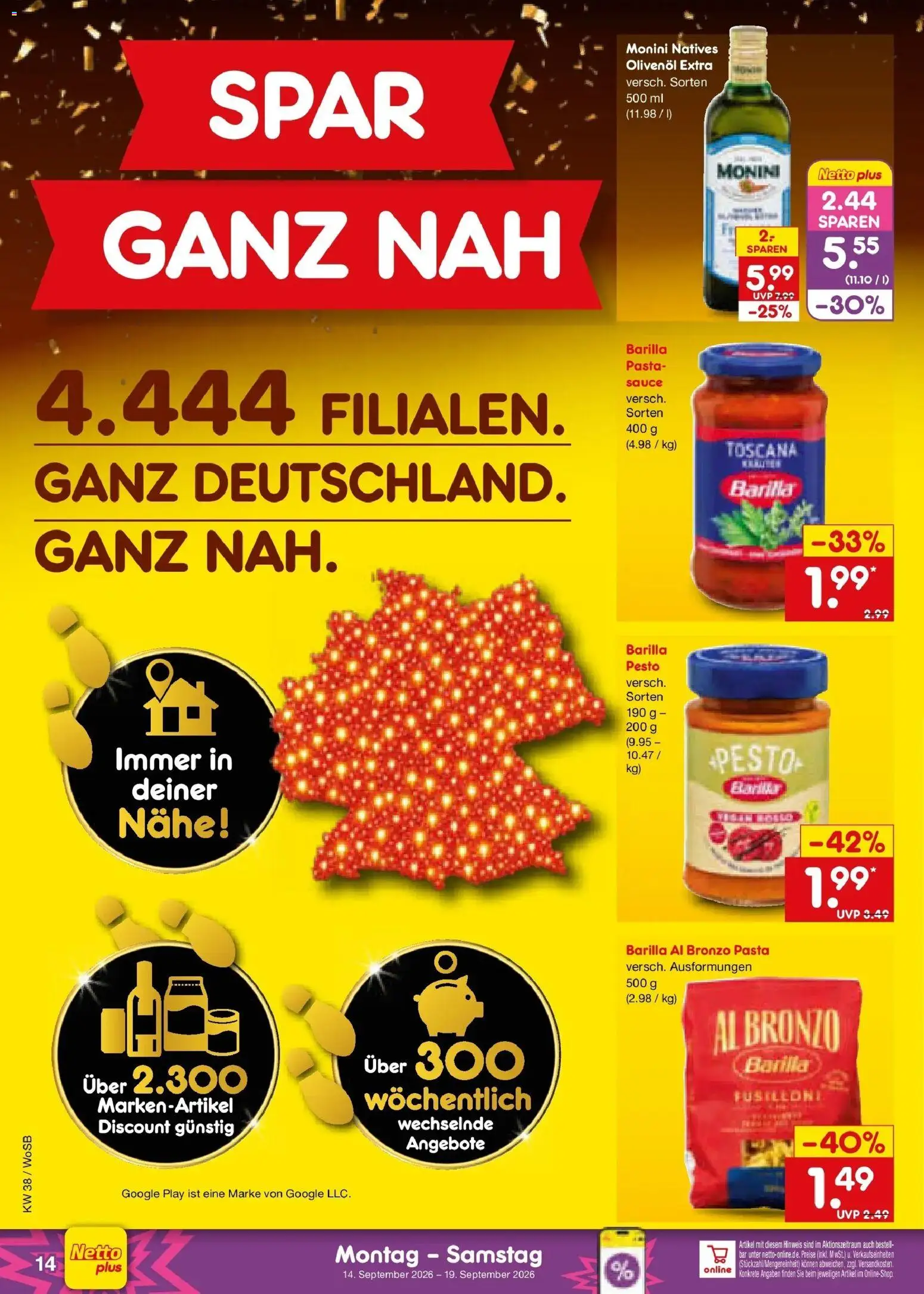 Netto Marken-Discount Prospekt Ludwigshafen-Edigheim – gültig ab 14.09.2026 | Seite: 20 | Produkte: Barilla, Barilla pesto, Olivenol, Pasta