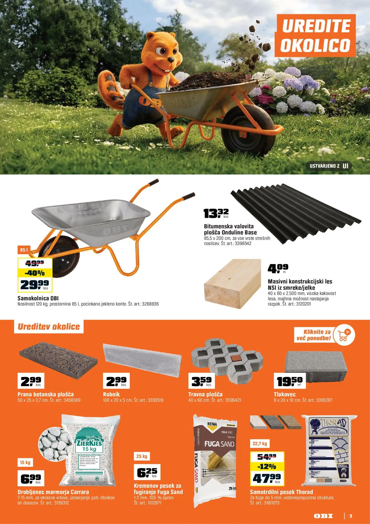 Novi OBI katalog ponudbe – veljaven od 02.10.2026 | Stran: 9 | Izdelki: Samokolnica, Robnik, Tlakovec