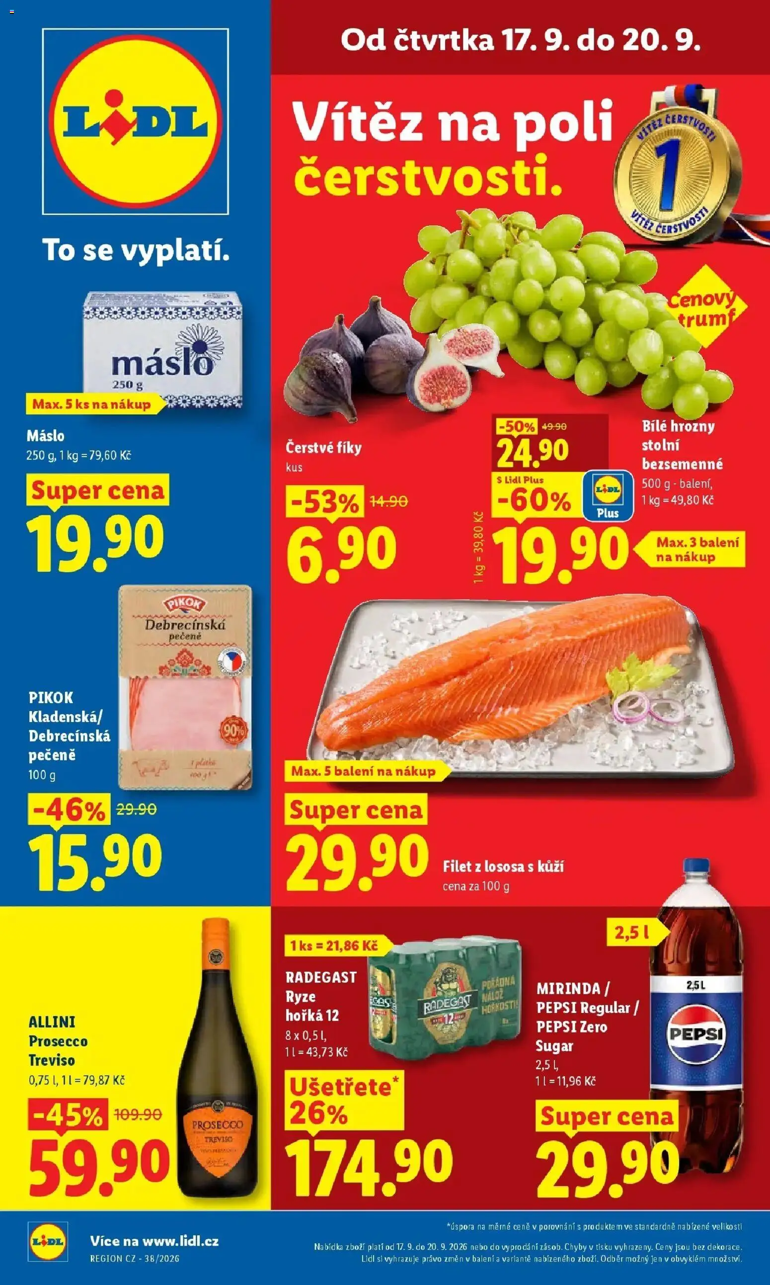Lidl leták od 17.09.2026 - Nový akční leták | Strana: 1 | Produkty: Radegast Ryze Hořká 12, Máslo, Prosecco Treviso, Filet