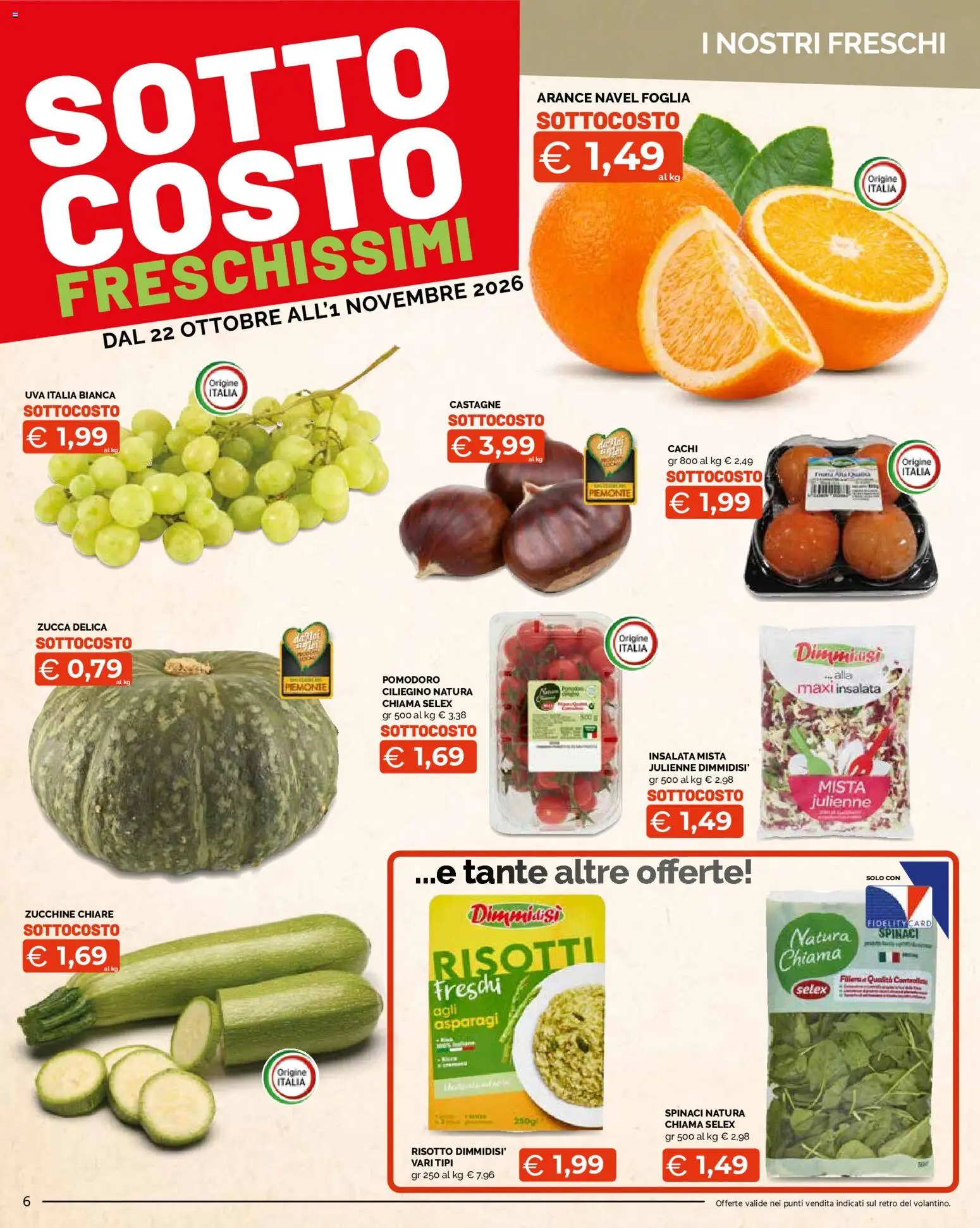 Volantino Mercatò del 22/10/2026 | Pagina: 6 | Prodotti: Arance, Pomodoro, Cachi, Uva