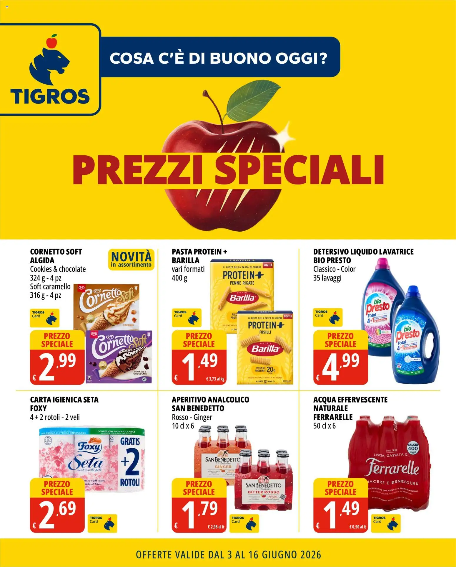 Volantino Tigros del 03.06.2026 | Pagina: 1 | Prodotti: Pasta, Lavatrice, Fusilli, Penne