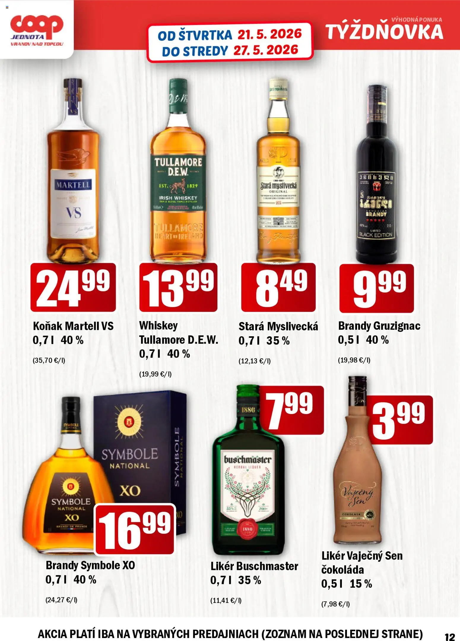 Nové COOP Jednota akcie – leták je platný od 21.05.2026 | Strana: 12 | Produkty: Čokoláda, Brandy, Koňak