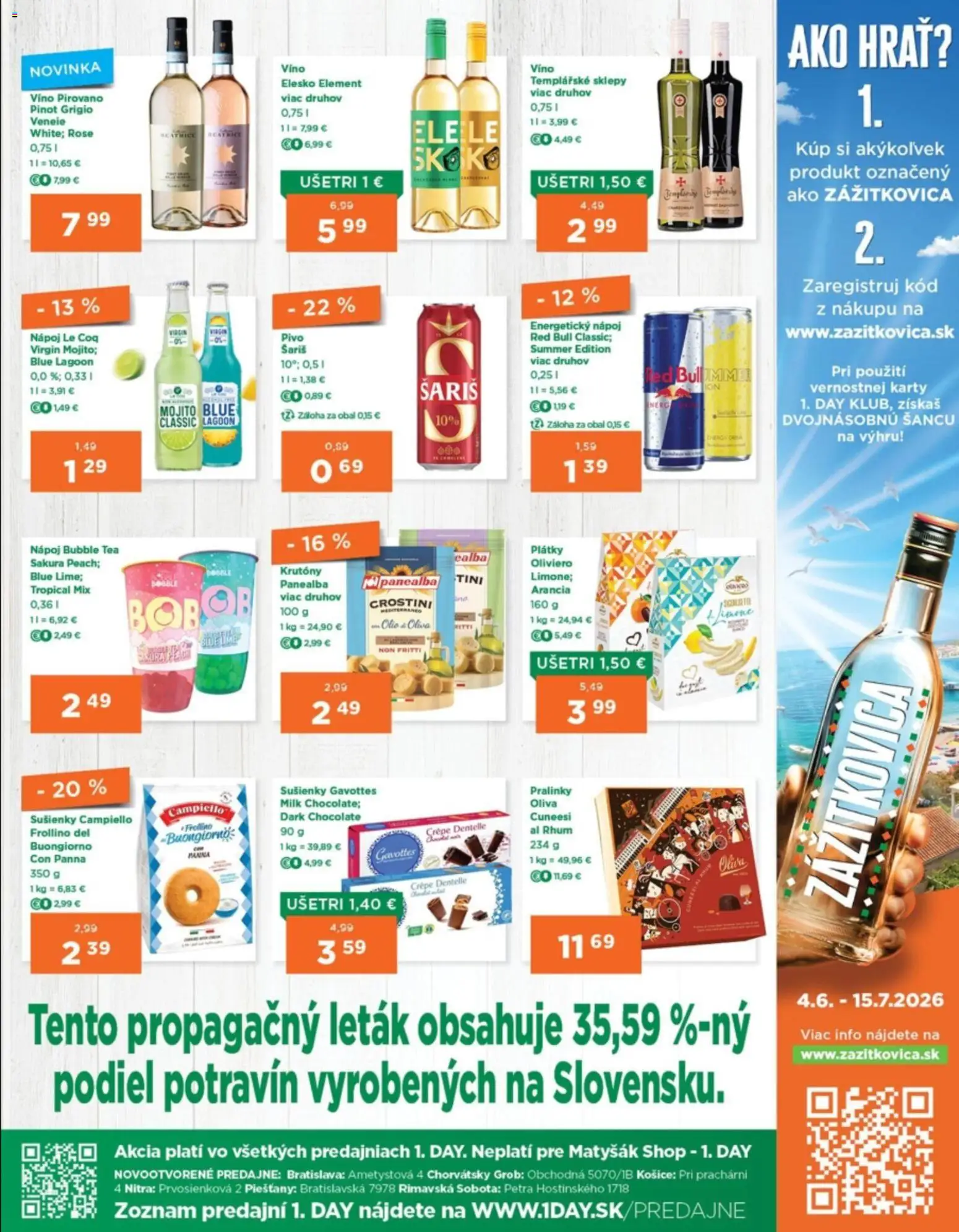 Nové 1day akcie – leták je platný od 02.07.2026 | Strana: 3 | Produkty: Pivo, Víno, Red Bull, Energetický nápoj